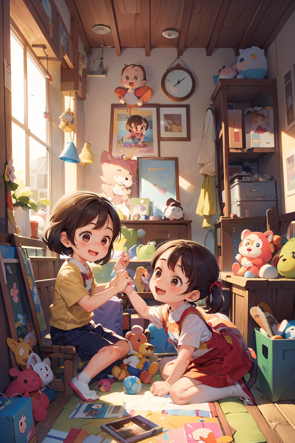 A bright daytime room is depicted。In the center of the room is、4 and 6 year old sisters are seated。My 6-year-old sister is a little older、My 4-year-old sister has a rather small physique。They sat facing each other.、It is depicted talking with a smile。

My four-year-old sister was holding a stuffed animal in her hand.、I am holding out the stuffed animal to my 6-year-old sister.。My 6-year-old sister、Smiling gently while receiving my sister's stuffed animal。From that gesture、The presence of tender interaction and understanding between the two is felt。

Toys and picture books spread out in the room、Traces of children's play can be seen。Bright sunlight shines through the windows of the room.、It brings a warm atmosphere。

This illustration is、It expresses the sister's reconciliation and friendliness。Beyond the age difference between 4 and 6 years、It depicts the attitude of caring for each other。It is a scene that expresses family bonds and happy moments。