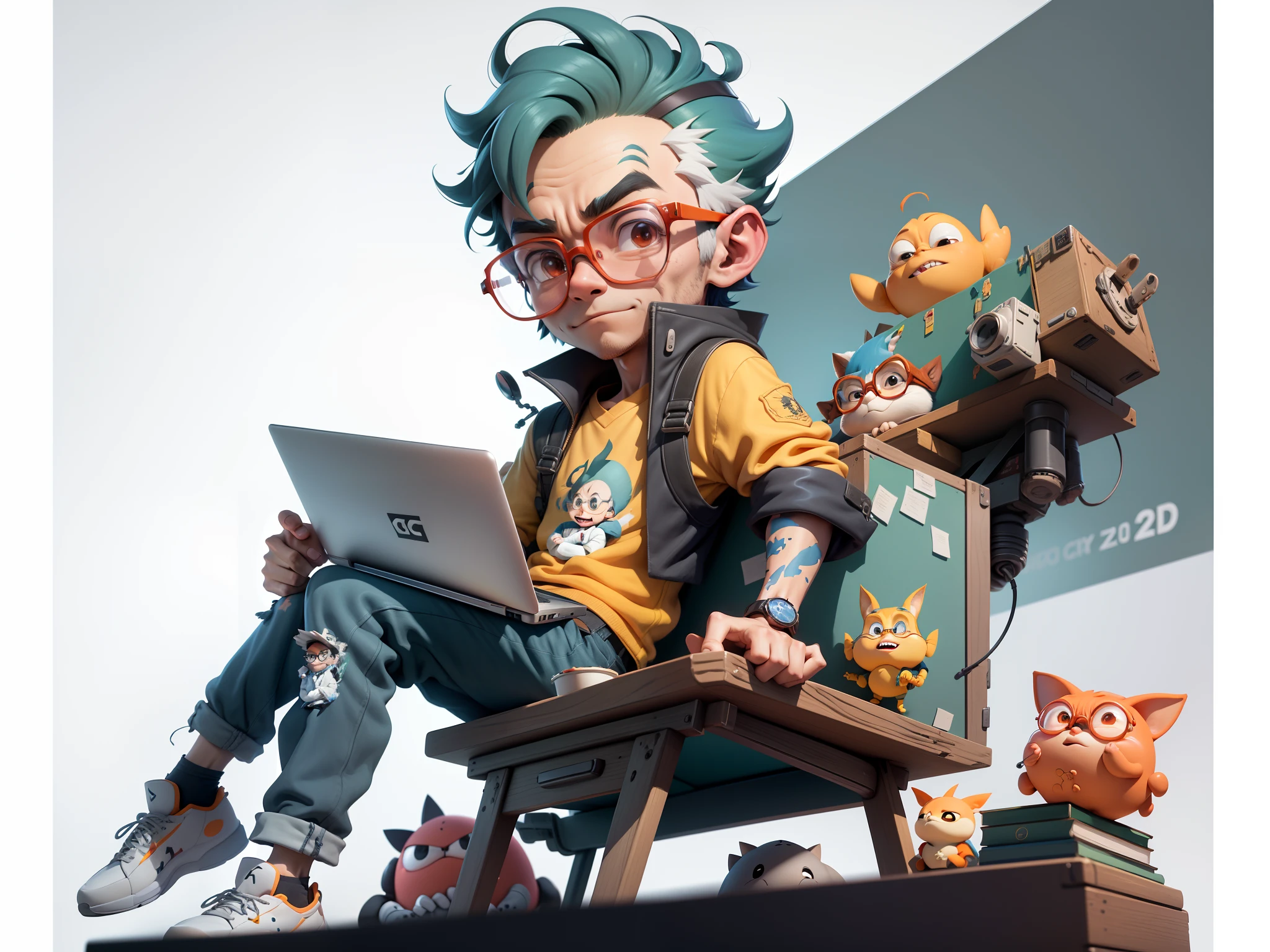 A young man with glasses sits at his desk,holding laptop,digitial painting,3D character design by Mark Clairen and Pixar and Hayao Miyazaki and Akira Toriyama,4K HD illustration,Very detailed facial features and cartoon-style visuals。