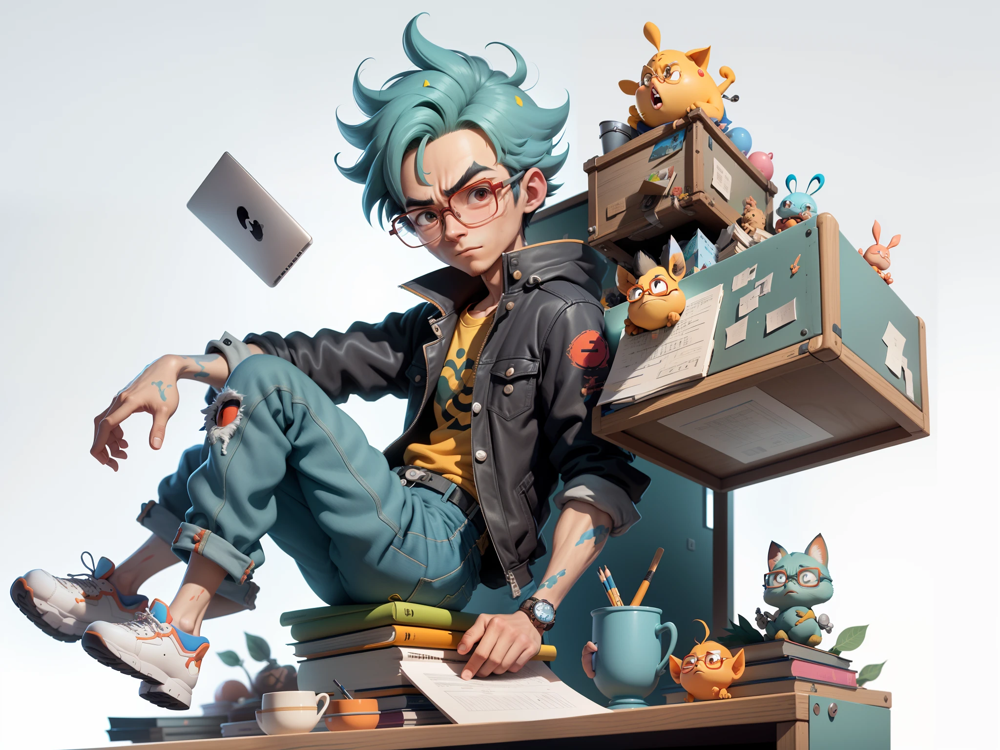 A young man with glasses sits at his desk,holding laptop,digitial painting,3D character design by Mark Clairen and Pixar and Hayao Miyazaki and Akira Toriyama,4K HD illustration,Very detailed facial features and cartoon-style visuals。