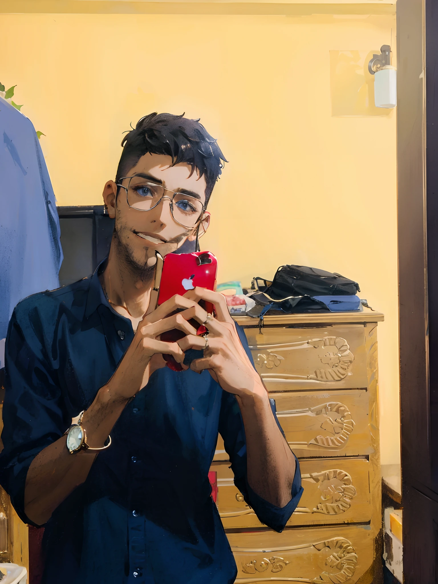 1boy, apple, bag, bangs, berry, black hair, black shirt, blue eyes, hair between eyes, jewelry, leaf, looking at viewer, male focus, necklace, pants, shirt, solo, watch, white pants, wristwatch, messy hair, trending on artstation, 8k resolution, highly detailed, anatomically correct, sharp image, digital painting, concept art, trending on pixiv, style of makoto shinkai,