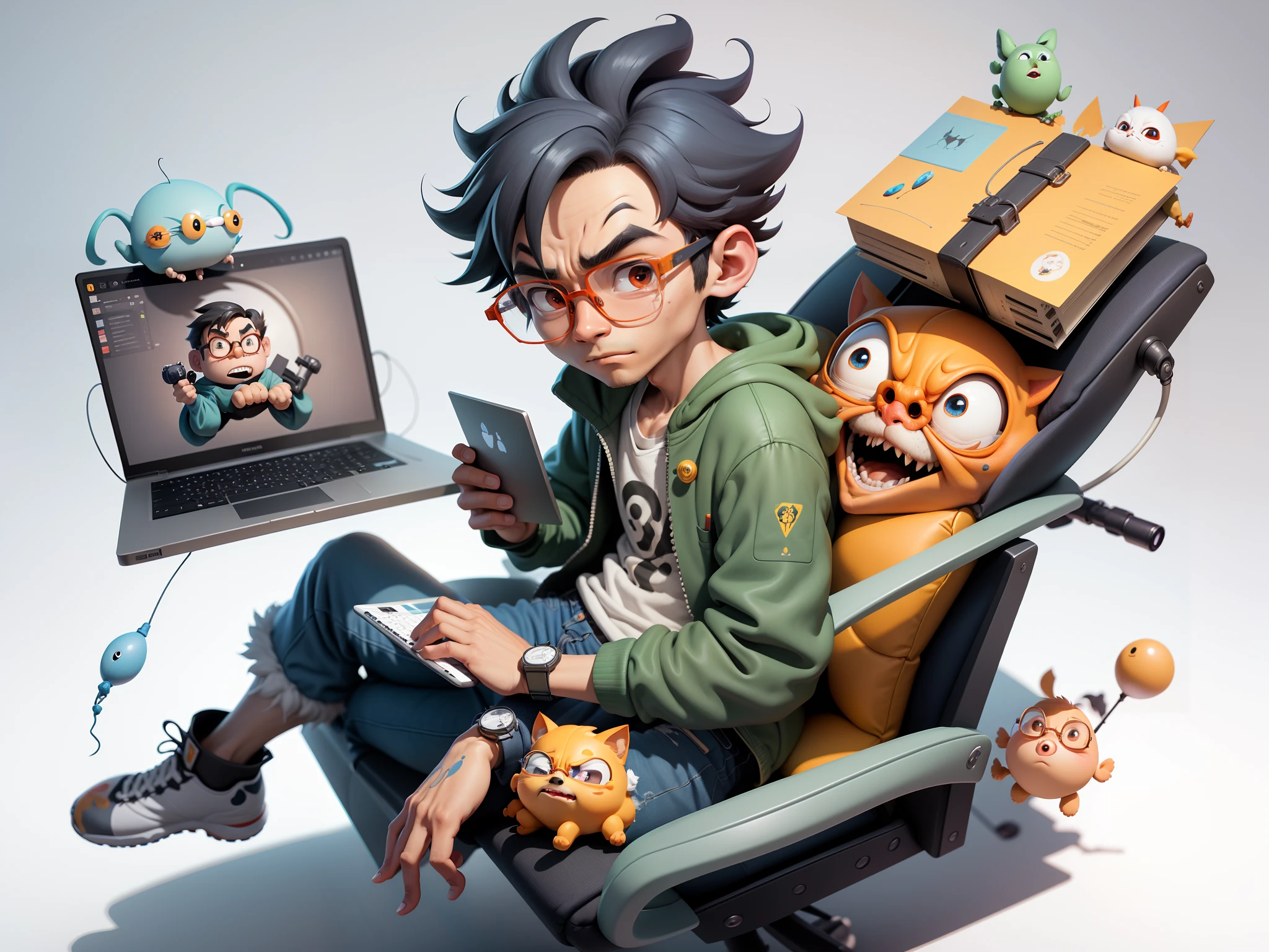 A young man with glasses sits at his desk,holding laptop,digitial painting,3D character design by Mark Clairen and Pixar and Hayao Miyazaki and Akira Toriyama,4K HD illustration,Very detailed facial features and cartoon-style visuals。