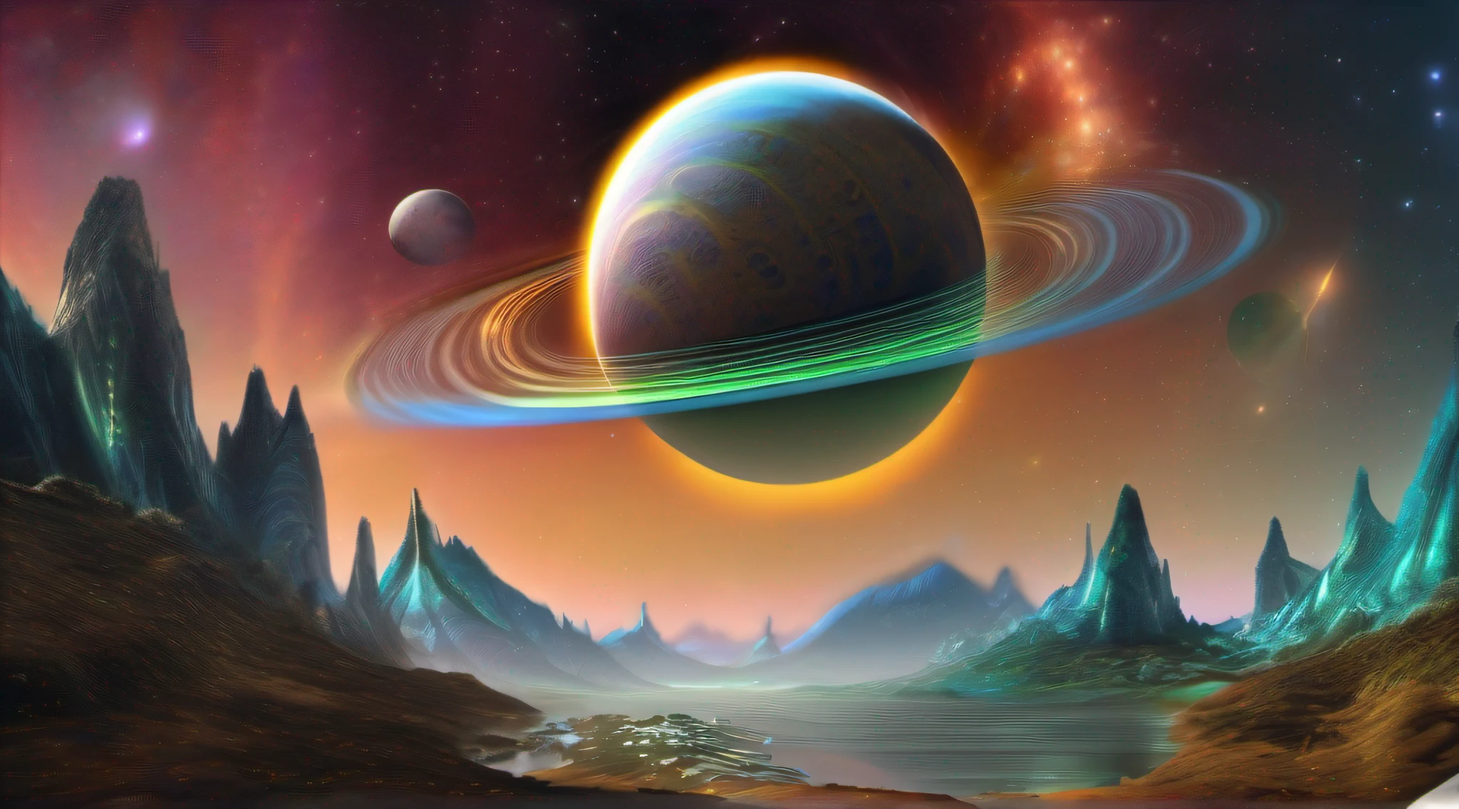 Nave espacial, alien, formas ovais, translucent metal, landing on a base of a planet in another galaxy, ambiente noturno, auroras, fractal, whisps, raios, Distant lands with alien vegetation, detalhes intrincados, Fictional art, arte de Clemilton Barbosa, premiado, obra prima, 16K