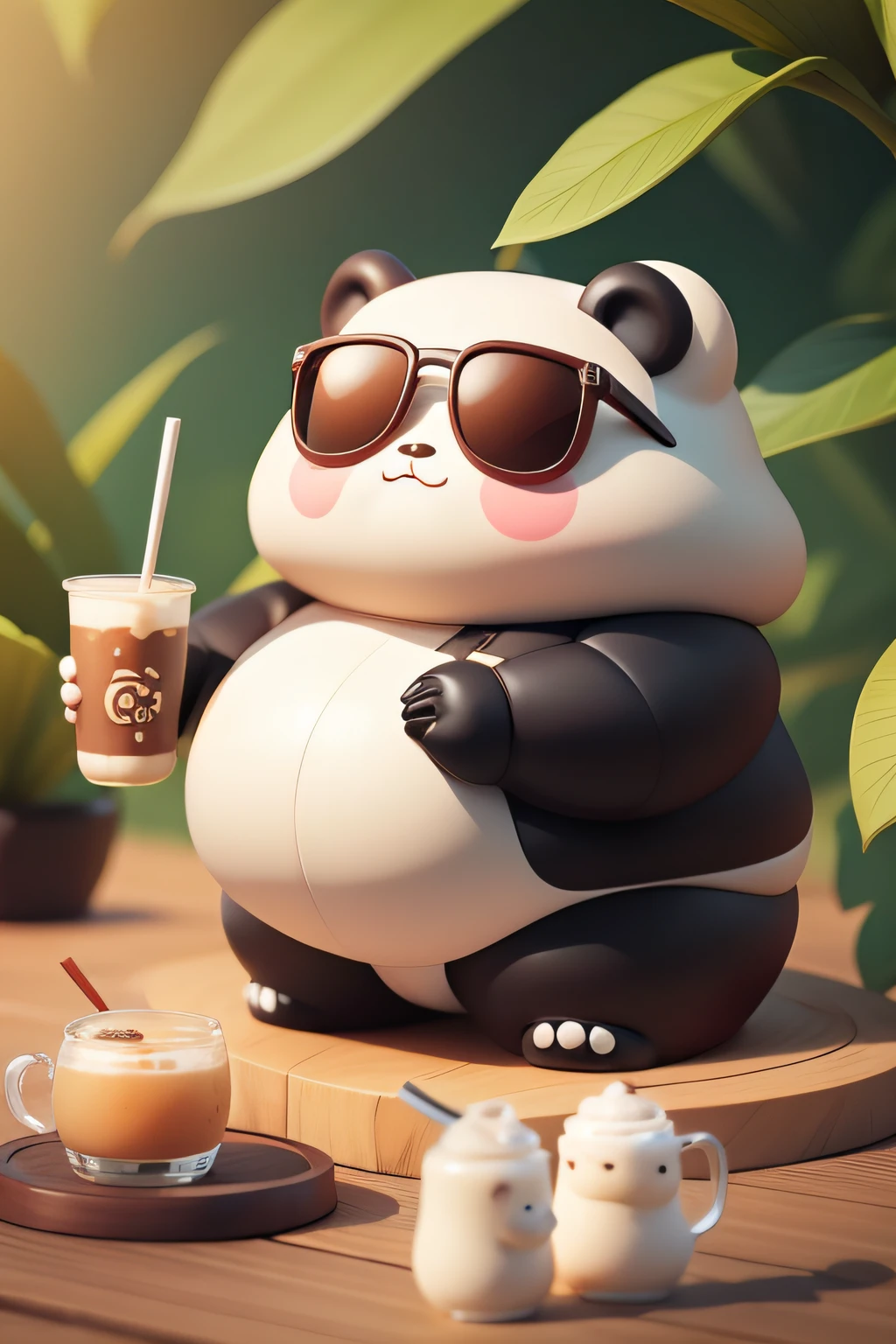 pandas,With sunglasses,Slightly fat,Take the milk tea