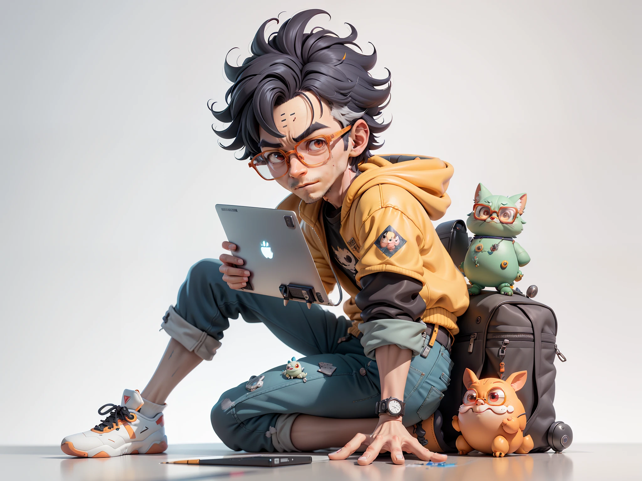 A young man with glasses sits at his desk,holding laptop,digitial painting,3D character design by Mark Clairen and Pixar and Hayao Miyazaki and Akira Toriyama,4K HD illustration,Very detailed facial features and cartoon-style visuals。