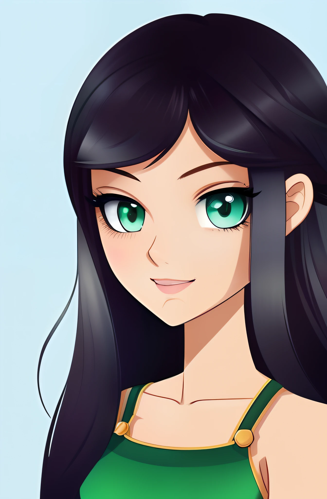 Make a 2D character with green eyes, cabelos andulados com a cor do cabelo castanho cabelo na nuca, com a franja pro lado direito, com aparencia de 27 anos, labios desenhados pequeno, nariz fino de frente, aparencia brasileira