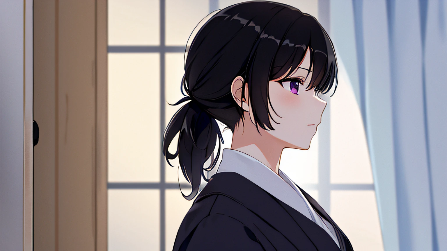 masterpiece, high quality, 8k, beautiful lighting, doga kobo, anime scene, profile, 1girl (hashimoto_mai, black hair, very short ponytail hair, small to medium breast, purple eyes), 1boy (hashimoto_akihito, a little bit overweight, black hair, short hair, open forehead, purple eye), white pharmacist coat, looking at another, eye contact