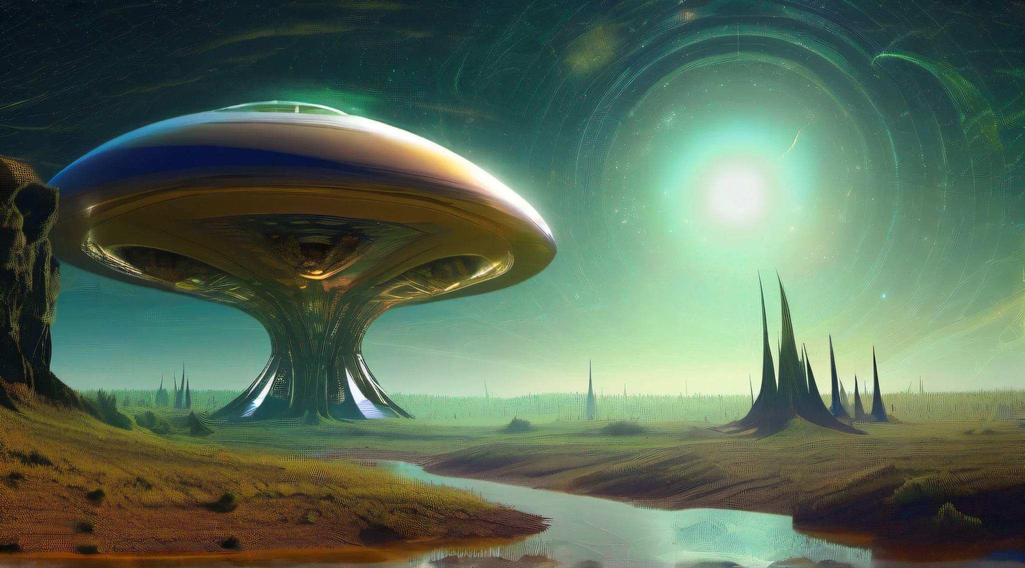 Nave espacial, alien, formas ovais, translucent metal, landing on a base of a planet in another galaxy, ambiente noturno, auroras, fractal, whisps, raios, Distant lands with alien vegetation, detalhes intrincados, Fictional art, arte de Clemilton Barbosa, premiado, obra prima, 16K