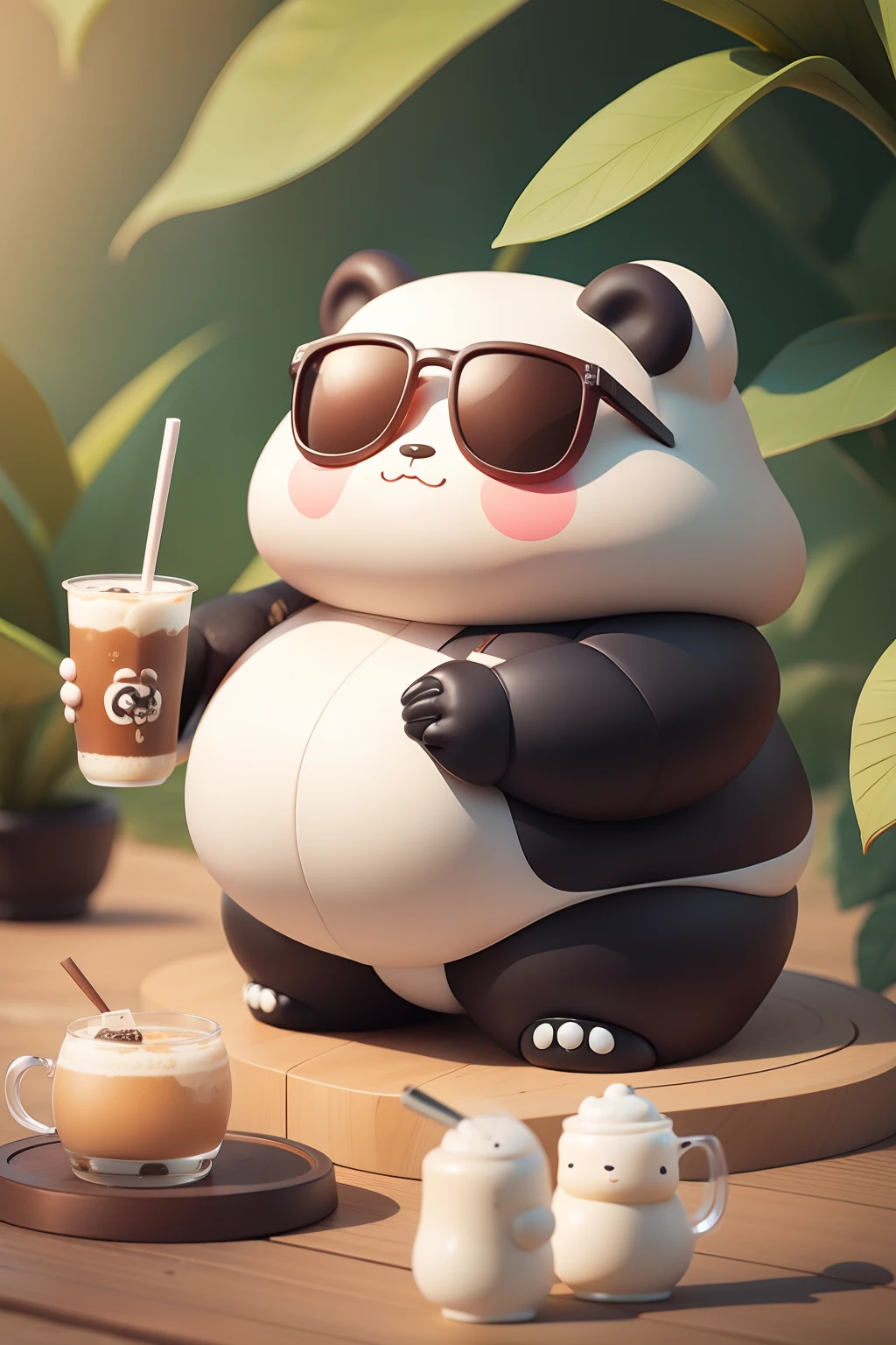 pandas,With sunglasses,Slightly fat,Take the milk tea