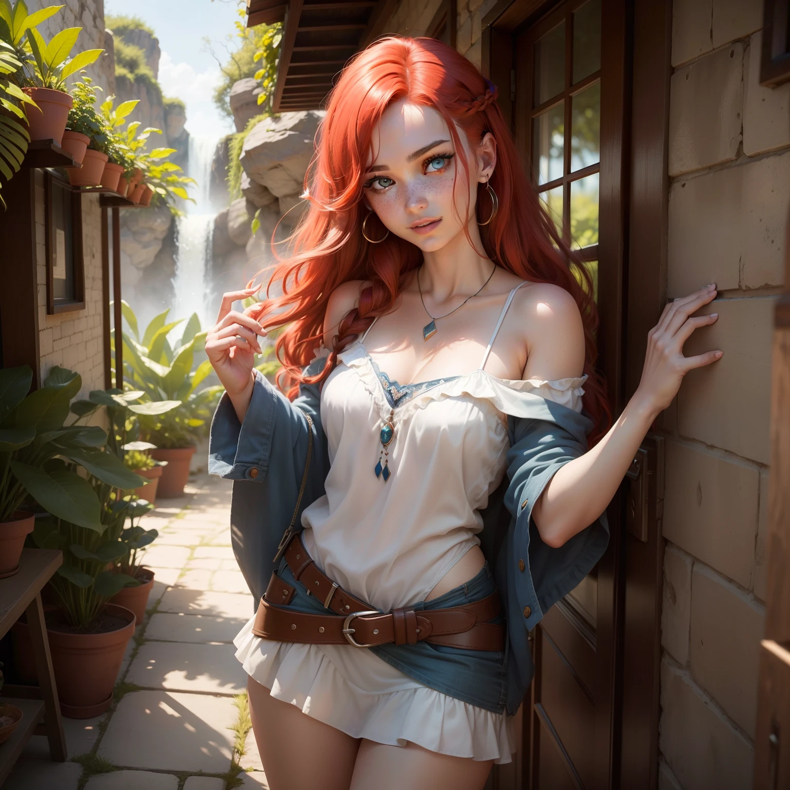Rachel Elizabeth Dare is a young woman with red hair, geralmente soltos e ondulados, that cascade down to your shoulders. His face is marked by freckles that frame a pale skin and bright blue eyes, that seem to reflect creativity and an artistic soul. She has a unique look and a bohemian style, often wearing colorful and relaxed clothes, such as loose dresses and artistic accessories. Rachel possui um sorriso cativante e um olhar curioso, sempre pronto para absorver cada detalhe do mundo ao seu redor. His personality is vibrant, free and full of passion for the arts, especialmente pela pintura. She is known for her courage and determination, in addition to his ability to see beyond the mortal world and have a special connection to the mythological world. Rachel is an inspiring character, that brings a unique insight and sense of adventure to the story.