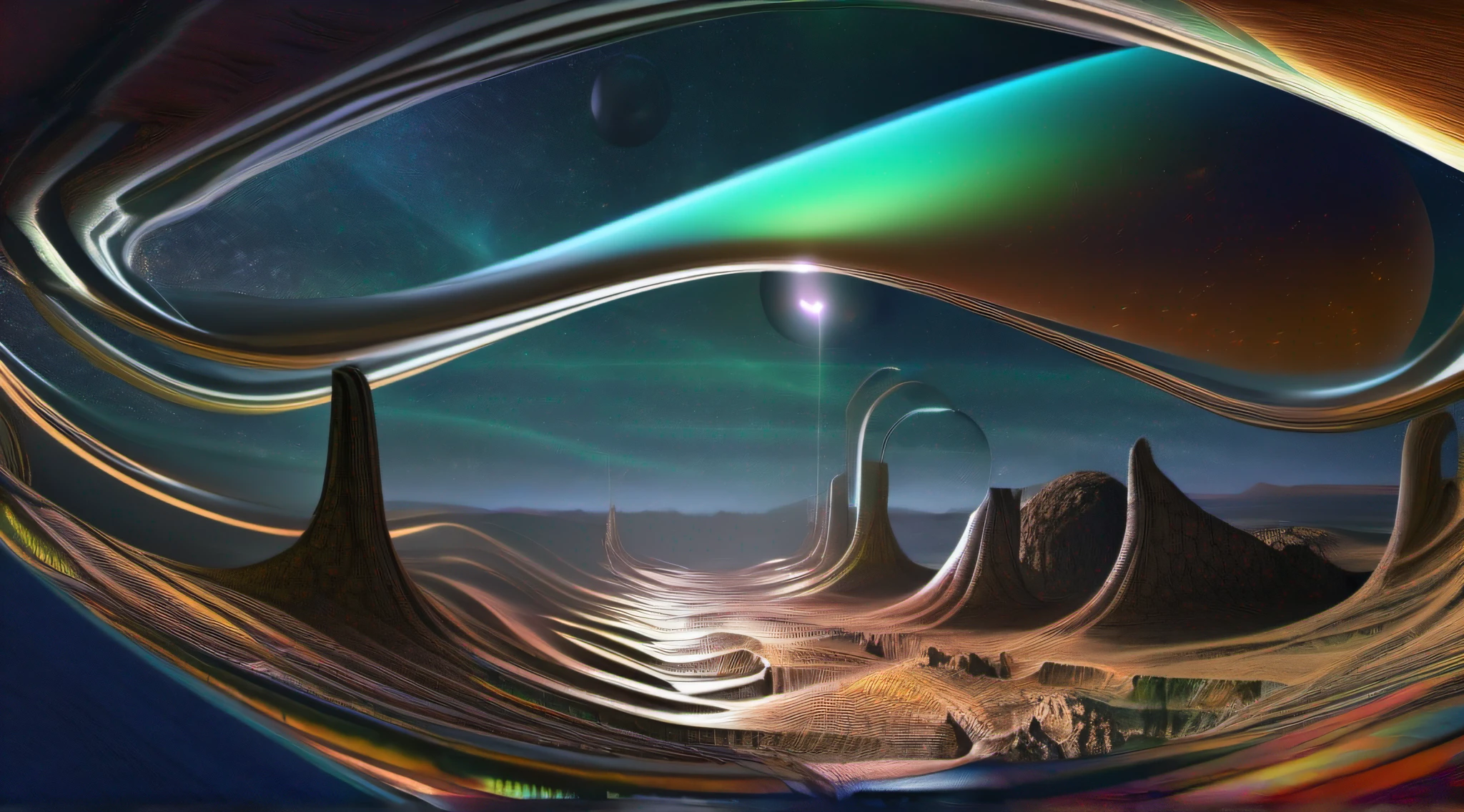 Nave espacial, alien, formas ovais, translucent metal, landing on a base of a planet in another galaxy, ambiente noturno, auroras, fractal, whisps, raios, Distant lands with alien vegetation, detalhes intrincados, Fictional art, arte de Clemilton Barbosa, premiado, obra prima, 16K