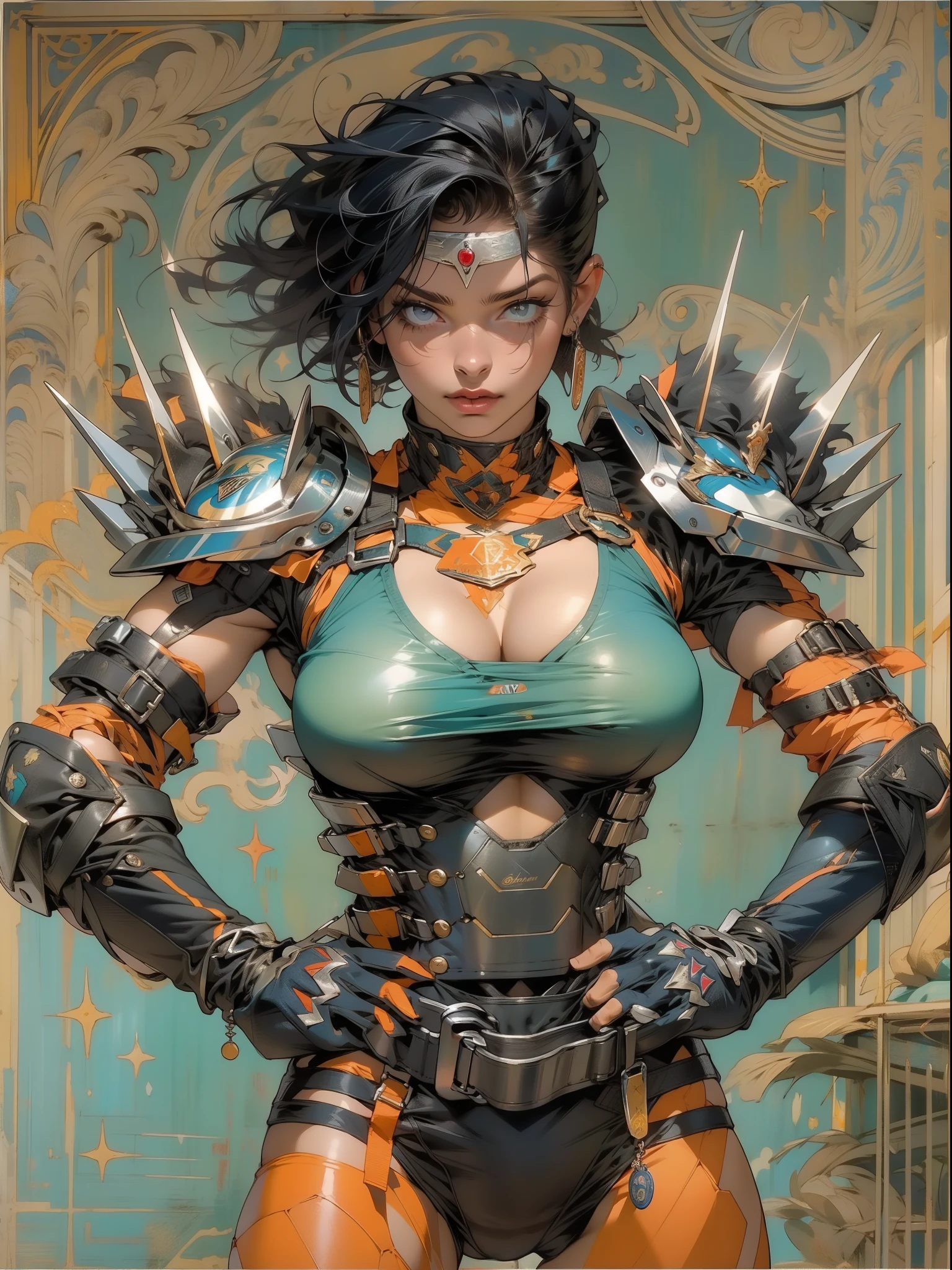 (((mulher))), (((melhor qualidade))), (((obra prima))), (((adulta))), Uma guerreira mulher de 35 anos com corpo perfeito, Brooklyn Gladiators, hand with steel gloves and metal tips, (( under boobs )), quase nua no estilo selvagem urbano de Simon Bisley para a capa da revista Heavy Metal, bionic hand, cabelo moicano colorido, Minimum clothing, armadura (azul escuro com estrelas brancas e vermelho com listras brancas), cheio de pontas e rebites manchadas de tinta, tatuagem de estrelas de 5 pontas, (((corpo inteiro))), cabelo preto curto com franja branca cobrindo a testa