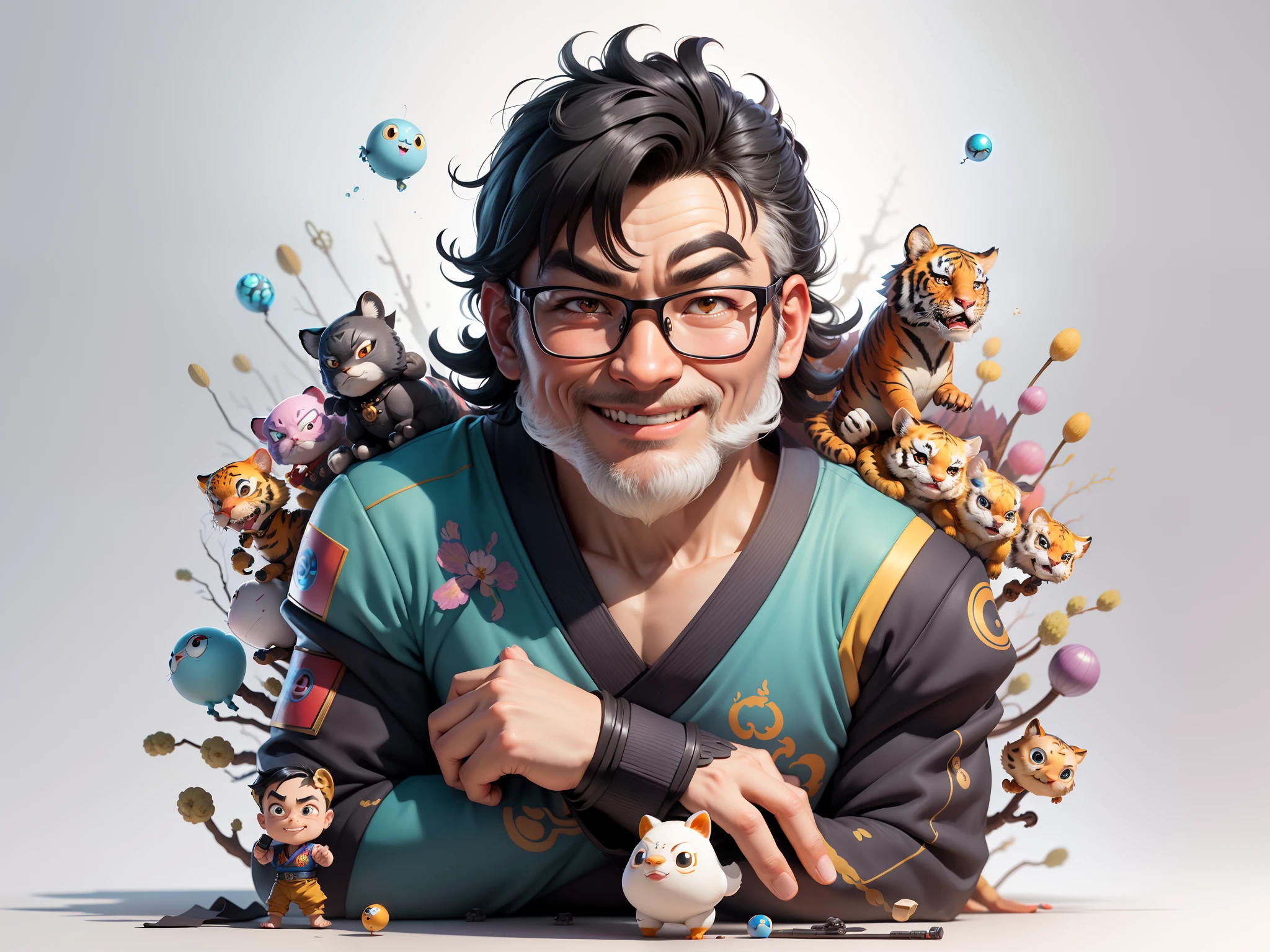 (Masterpiece), (Excellent), (Super Meticulous), (Full Body: 1.2), Super Young Man with Japanese Female Geisha, Pretty, Beautiful, Chinese Dragon, Tiger, Wind God Thor, Sexy, Bursting, Oriental Face, TV Anchor, Bust Portrait Illustration, Black Suit, Blue Tie, Slightly Chubby Face, Silver Glasses, Very Clean Face, No Beard on Chin, Black Super Short Hair, Black Eyes, Confident Smile, 3c Computer Sub-Products, iPad, iPhone, Digital Painting, 3D character design by Mark Clairedon and Pixar and Hayao Miyazaki and Akira Toriyama, the illustrations are HD illustrations in 4K resolution with highly detailed facial features and cartoon-style visuals.