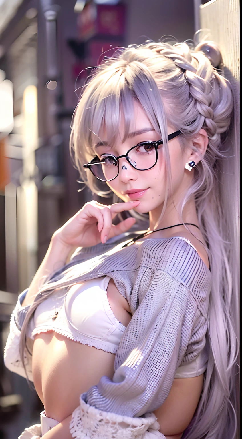 {{{masterpiece}}}, {{{best quality}}}, {{ultra-detailed}}, {illustration}, {{an extremely delicate and beautiful}},
(Best quality, 8k, 32k, Masterpiece, UHD:1.2),Photo of Pretty Japanese woman,(topless), top quality, , best quality, realistic, unity, 8k wallpaper, official art, extremely detailed wallpaper,1girl,((boyish)),, beautiful teeth,solo,gal,dark skin,very absurdly long hair,(Updo Braid hair:1.5),(white hair:1.5),misaligned ,(sweaty skin:1.2),glasses,earrings,Jacket,(blunt bangs:1.2),looking at viewer, (smile:1.5),(high detailed skin),realistic body,((stoop)),( small breasts),(nipples:1.1), cute girl, famous japanese idol,(downblouse),(loose t-shirt),(loo(skirt lift by myself:1.5),(panties shot:1.5),(show off panties:1.5),(white panties)
leaning forward,,
