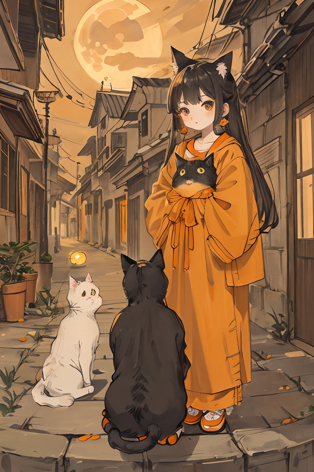 cat,Orange,Cute,Big eyes,Masterpiece,full moon,alley
