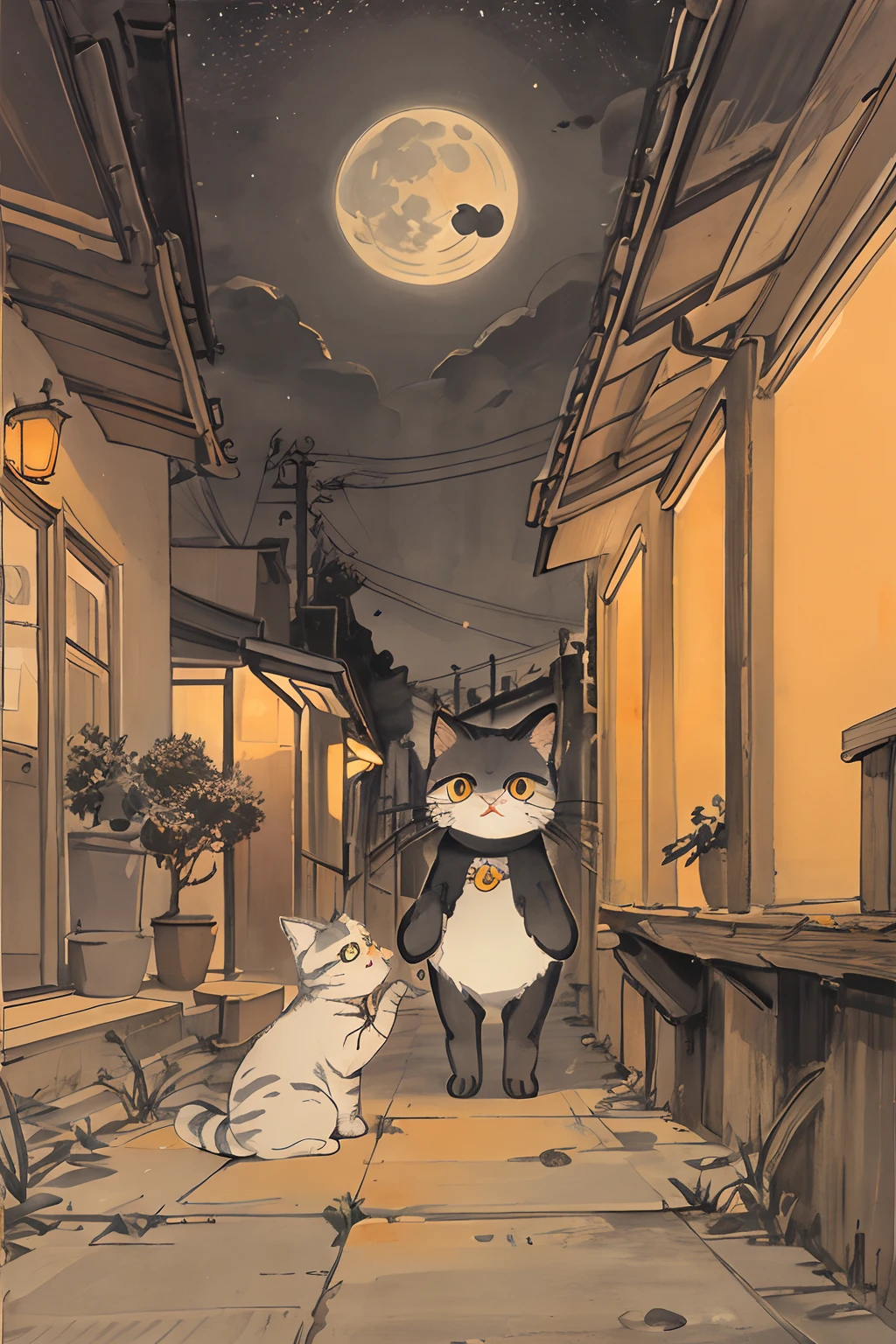 cat,Orange,Cute,Big eyes,Masterpiece,full moon,alley