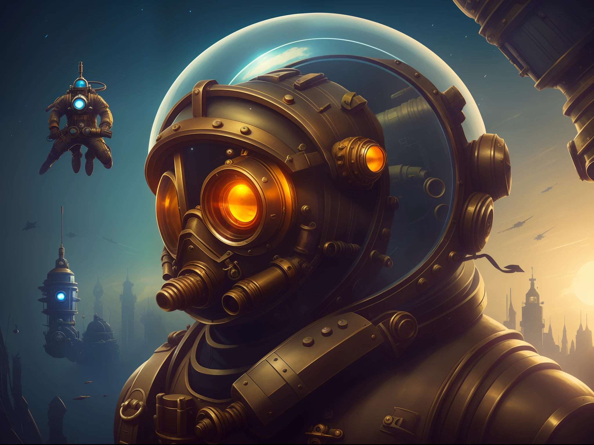 There is a man in a spacesuit with a helmet, Deep-sea diver, diving suit, old scuba, inspired by Brian Despain, Brian Despain, Steampunk diving helmet, alexey egorov, Sergey Kolesov, lofi steampunk bioshock portrait, lofi bioshock steampunk portrait, wojtek fus