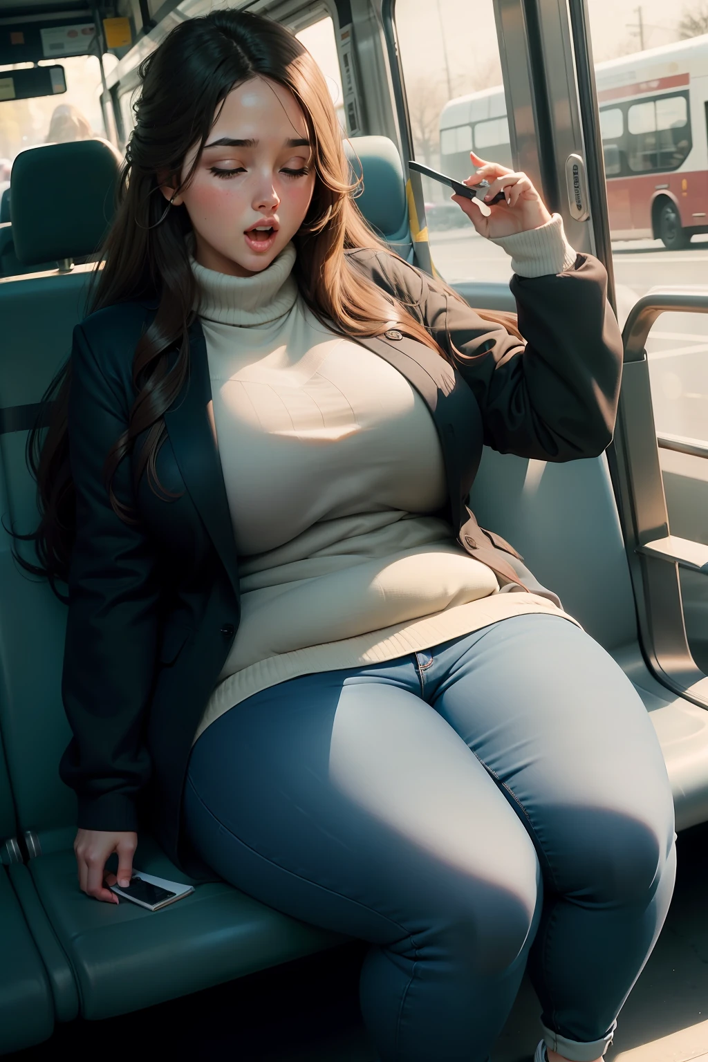 1 beautiful woman, chubby, curvy, long hair, brown hair, blue sweater, black jacket, blue jeans, black wallet, white sneakers, open mouth, asleep on the bus.