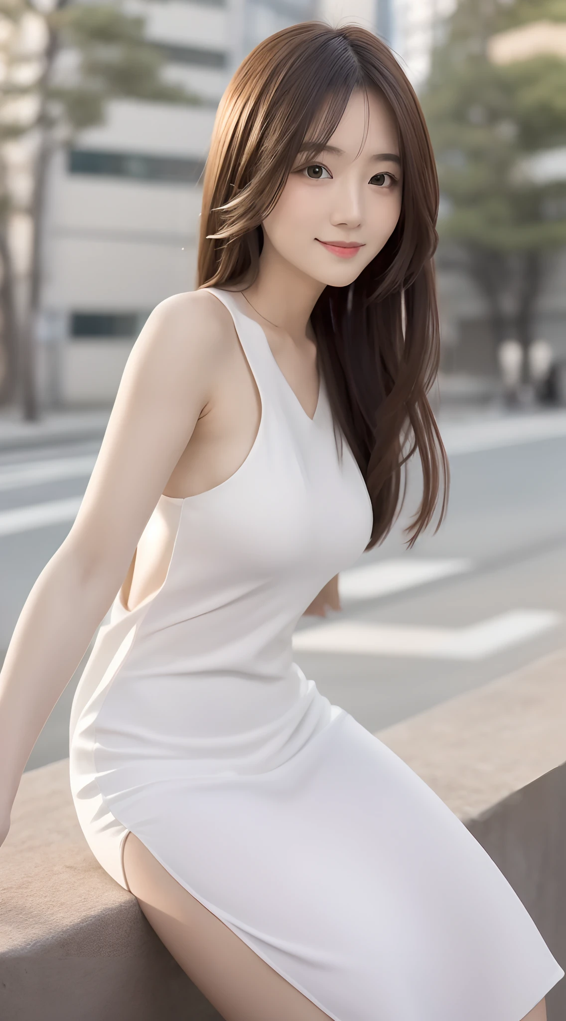 8K,​masterpiece,top-quality,beautiful woman with long hair,（Super smile:1.6）,White Sleeveless Dress,（Reflecting the whole body:1.6）, beautiful japanese female, Gorgeous Japan Woman, Pretty actress, Adult Japan face,  girl cute-fine-face, Female actress,slim