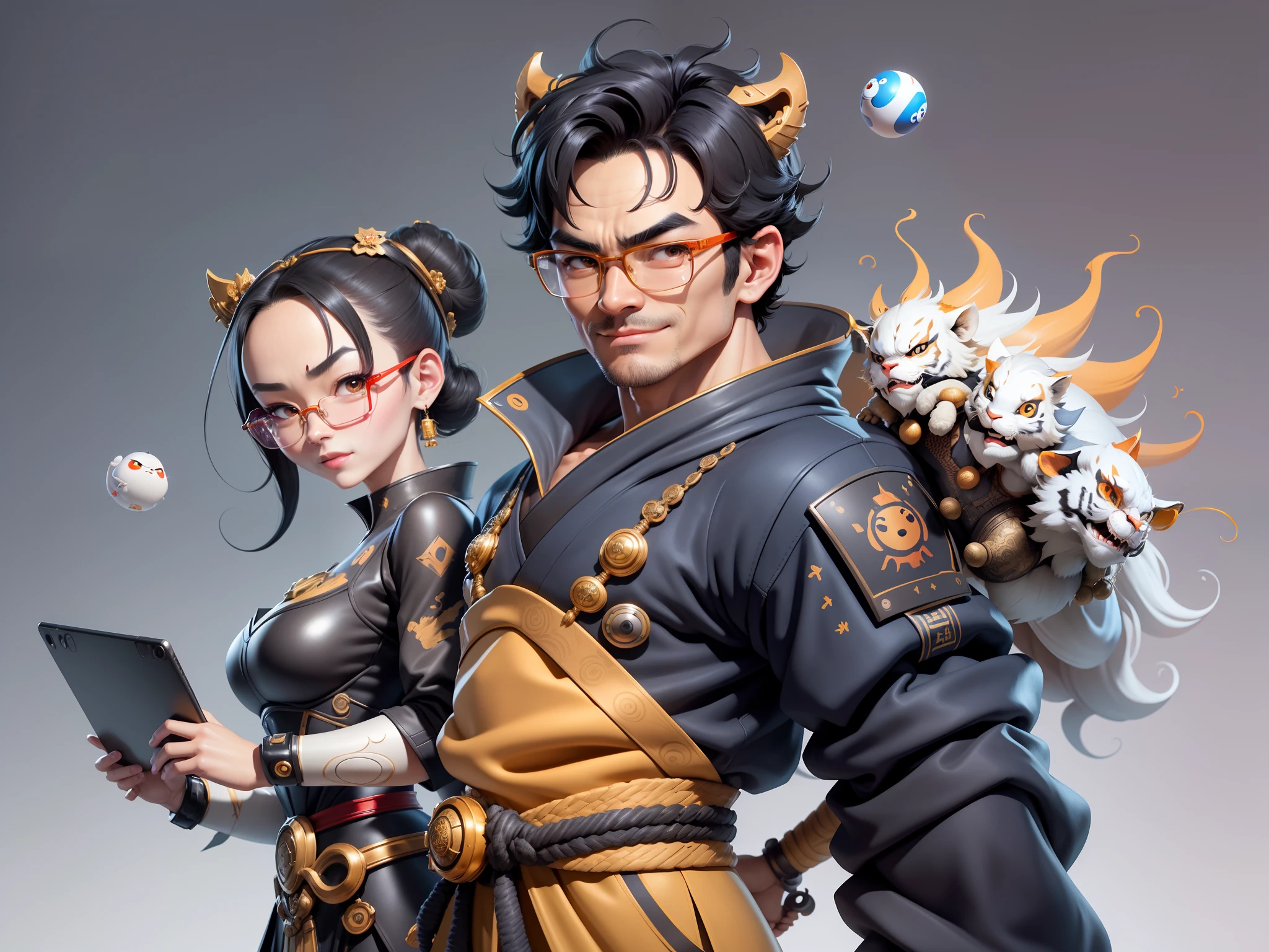 (Masterpiece), (Excellent), (Super Meticulous), (Full Body: 1.2), Super Young Man with Japanese Female Geisha, Pretty, Beautiful, Chinese Dragon, Tiger, Wind God Thor, Sexy, Bursting, Oriental Face, TV Anchor, Bust Portrait Illustration, Black Suit, Blue Tie, Slightly Chubby Face, Silver Glasses, Very Clean Face, No Beard on Chin, Black Super Short Hair, Black Eyes, Confident Smile, 3c Computer Sub-Products, iPad, iPhone, Digital Painting, 3D character design by Mark Clairedon and Pixar and Hayao Miyazaki and Akira Toriyama, the illustrations are HD illustrations in 4K resolution with highly detailed facial features and cartoon-style visuals.