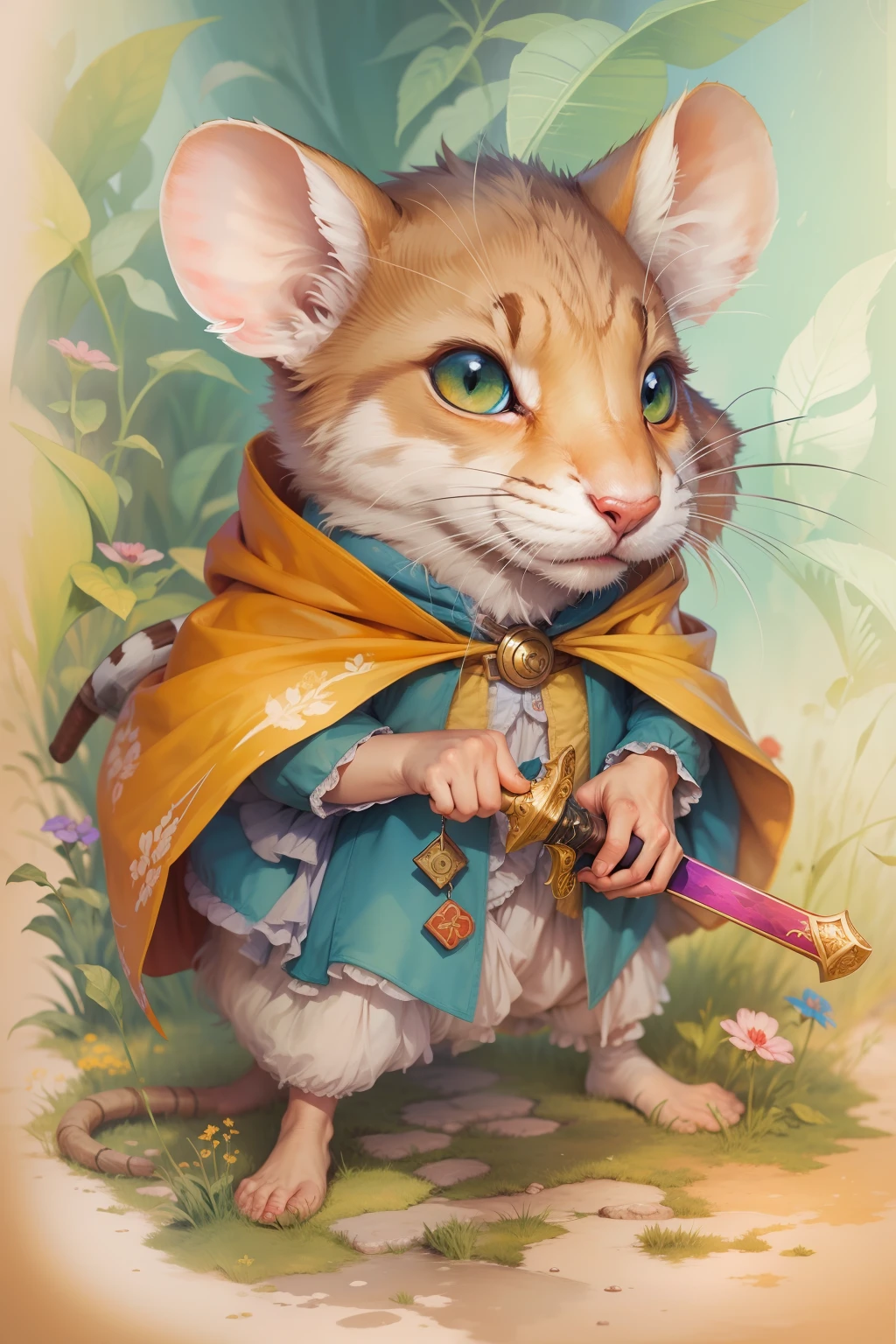 comiс style, painted in vivid watercolor, Bipedal Swordsman Mouse, capa roja, ojos verdes, naranja, azul. amarillo, extremadamente detallado, Altamente detallado, Obra maestra, Fondo de cuento de hadas, wonderland, Dynamic colors, Luz de cuento de hadas, por beatrix potter y Jean-Baptiste Monge, 32K UHD