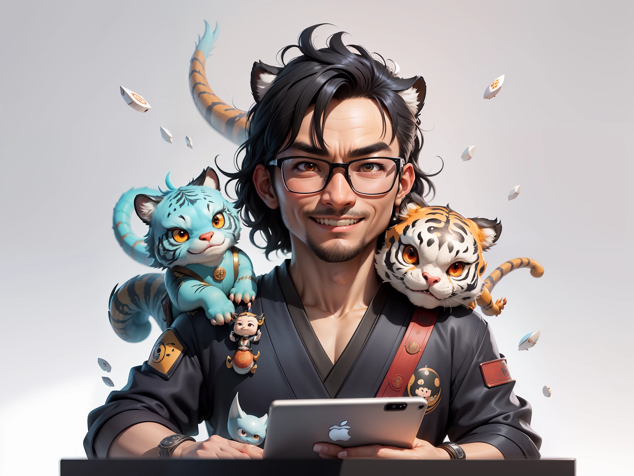 (Masterpiece), (Excellent), (Super Meticulous), (Full Body: 1.2), Super Young Man with Japanese Female Geisha, Pretty, Beautiful, Chinese Dragon, Tiger, Wind God Thor, Sexy, Bursting, Oriental Face, TV Anchor, Bust Portrait Illustration, Black Suit, Blue Tie, Slightly Chubby Face, Silver Glasses, Very Clean Face, No Beard on Chin, Black Super Short Hair, Black Eyes, Confident Smile, 3c Computer Sub-Products, iPad, iPhone, Digital Painting, 3D character design by Mark Clairedon and Pixar and Hayao Miyazaki and Akira Toriyama, the illustrations are HD illustrations in 4K resolution with highly detailed facial features and cartoon-style visuals.