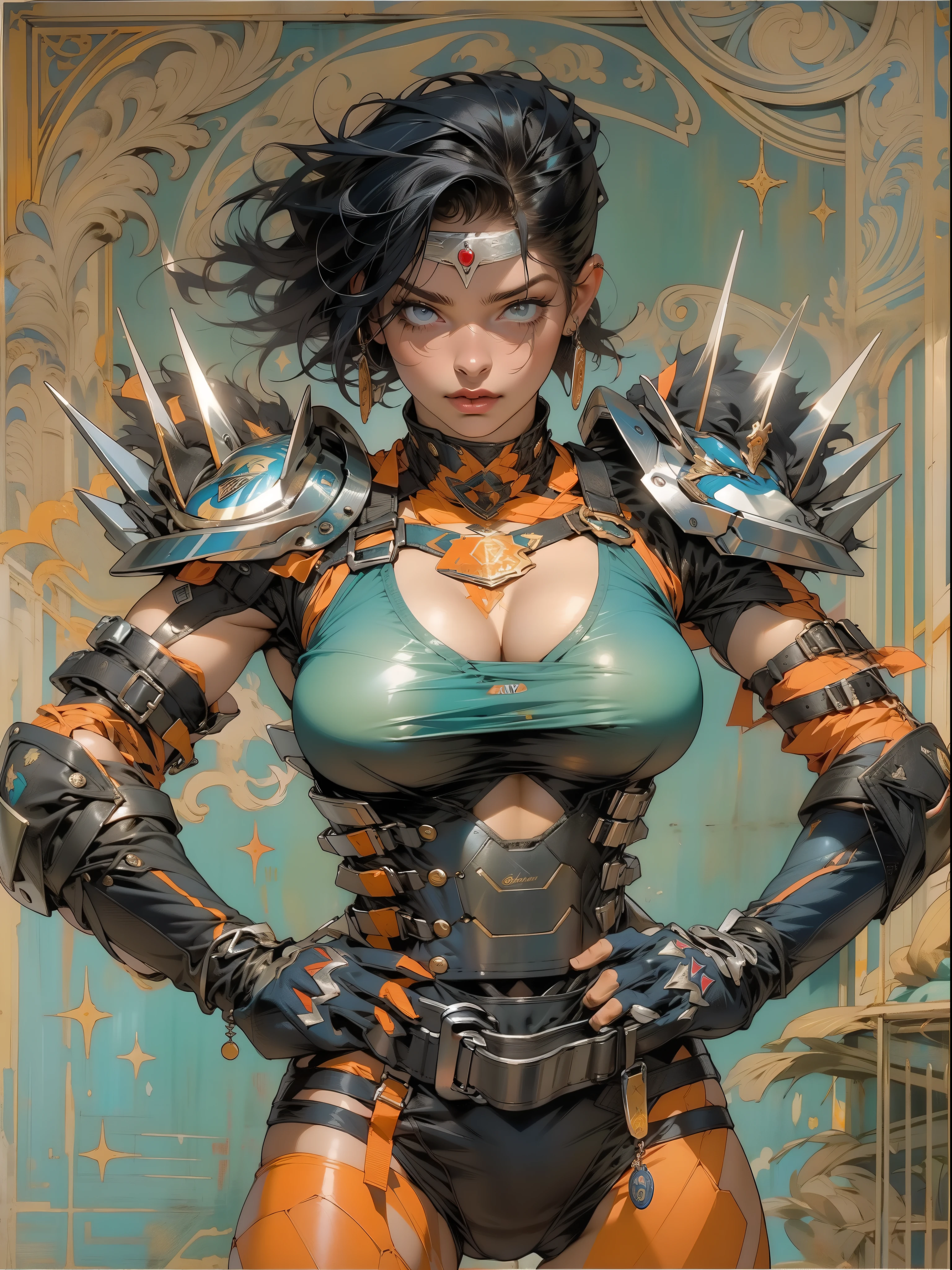 (((mulher))), (((melhor qualidade))), (((obra prima))), (((adulta))), Uma guerreira mulher de 35 anos com corpo perfeito, Brooklyn Gladiators, hand with steel gloves and metal tips, (( under boobs )), quase nua no estilo selvagem urbano de Simon Bisley para a capa da revista Heavy Metal, bionic hand, cabelo moicano colorido, Minimum clothing, armadura (azul escuro com estrelas brancas e vermelho com listras brancas), cheio de pontas e rebites manchadas de tinta, tatuagem de estrelas de 5 pontas, (((corpo inteiro))), cabelo preto curto com franja branca cobrindo a testa