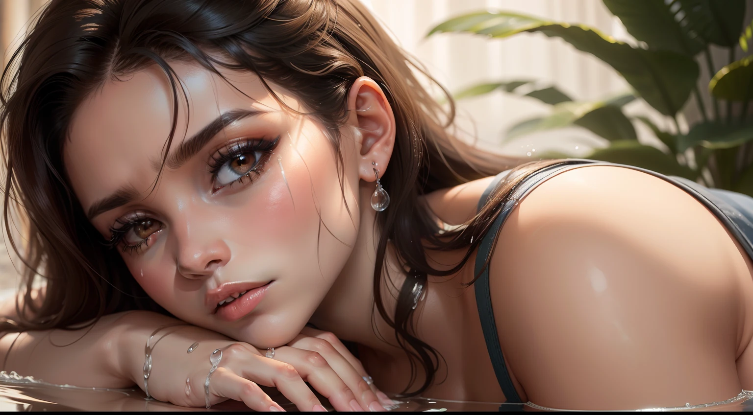 Retrato do mulher latina, 30 anos , com e olhos de anjo, medium hair, gotas de agua em seu rosto , com seu cachorro '