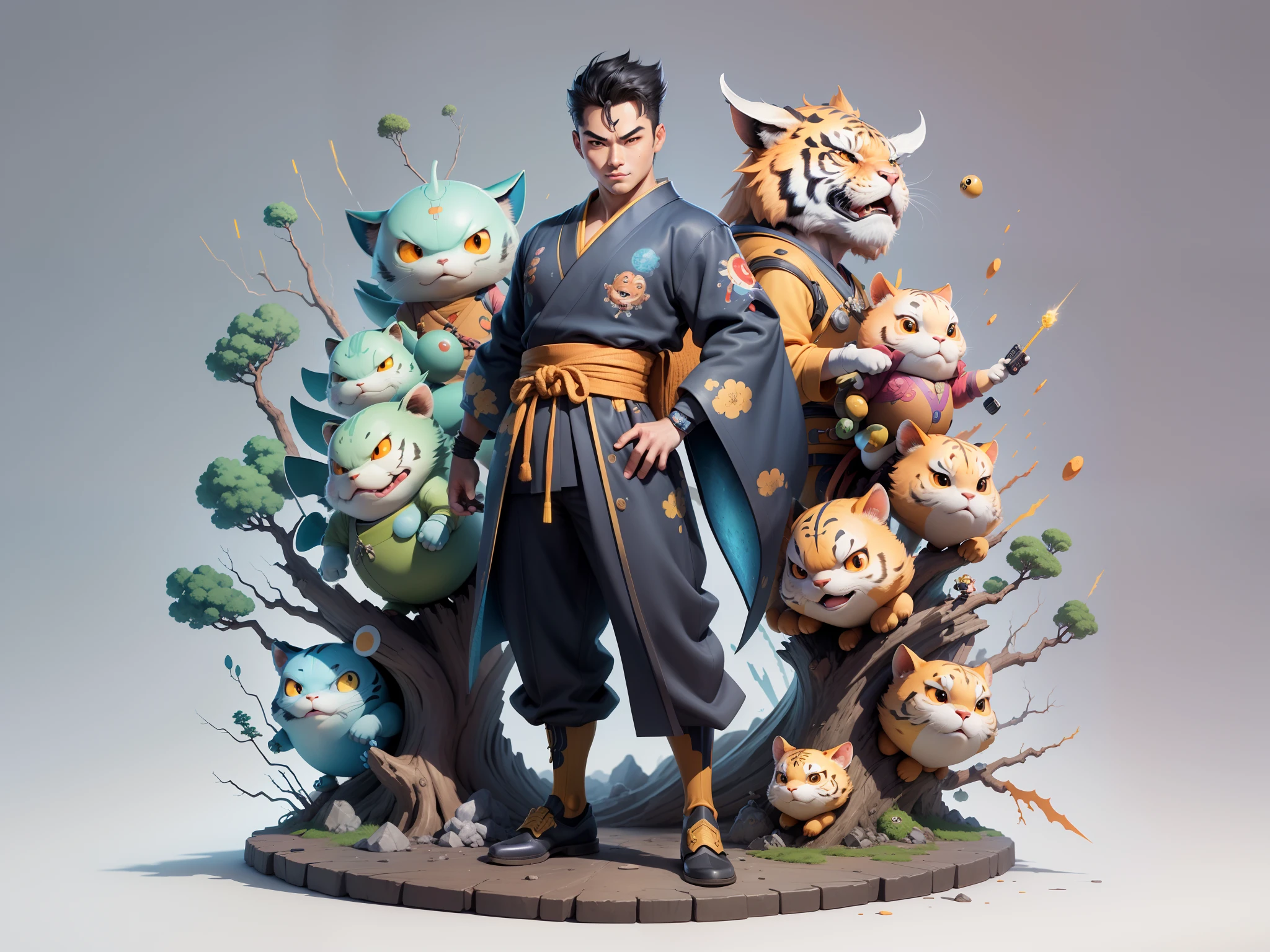 (Masterpiece), (Excellent), (Super Meticulous), (Full Body: 1.2), Super Young Man, Oriental Face, Japanese Kimono, Japanese Wind Thunder God, Dragon, Tiger, TV Anchor, Bust Portrait Illustration, Alone, Black Suit, Blue Tie, Slightly Chubby Face, Very Clean Face, No Beard, Black Super Short Hair, Black Eyes, Confident Smile, 3c Computer Sub-Products, iPad, iPhone, Digital Painting, 3D Character Design by Akira Toriyama and Mark Claireden and Pixar and Hayao Miyazaki, The illustration is a high-definition illustration in 4K resolution with very detailed facial features and cartoon-style visuals.