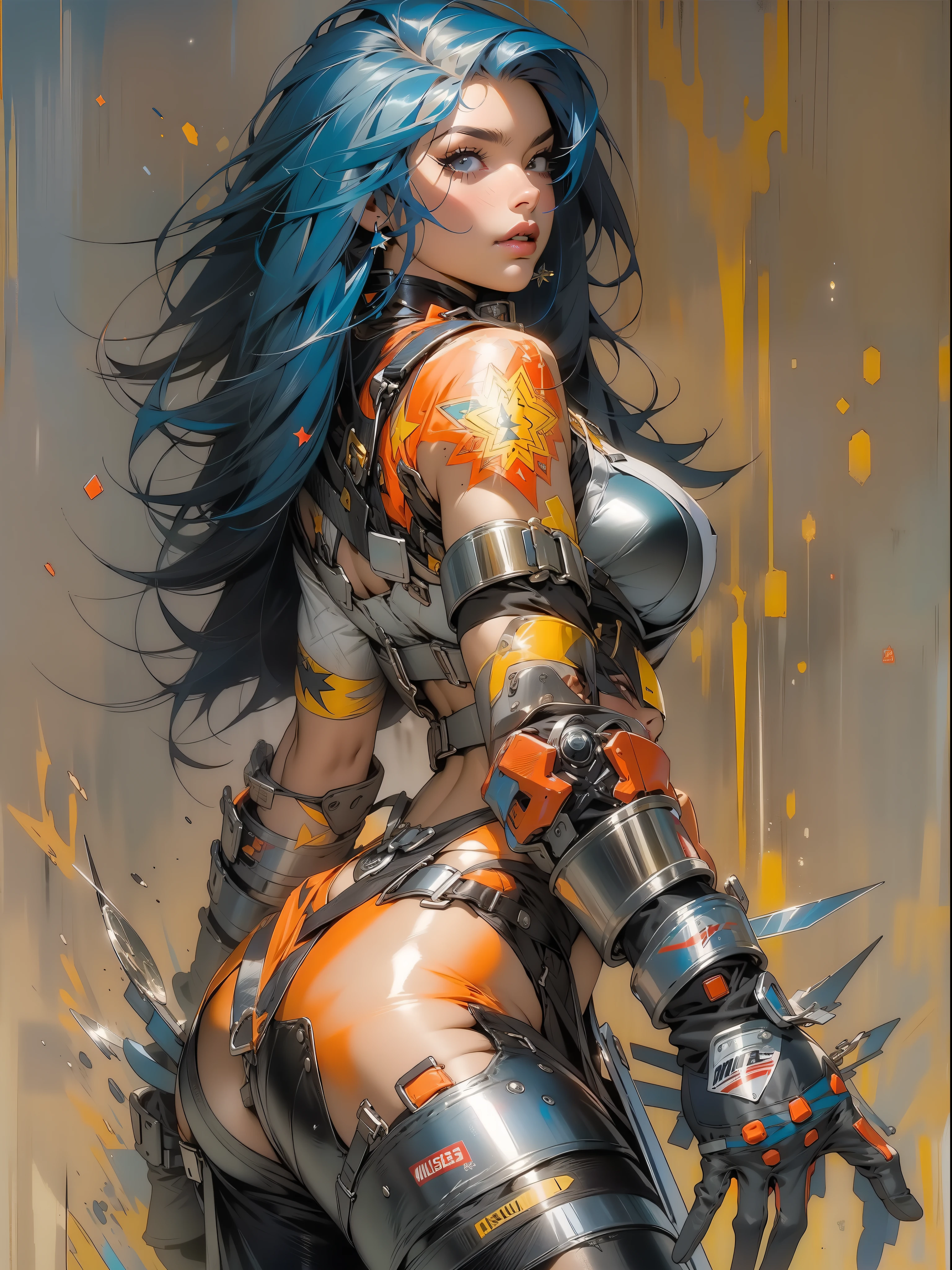 (((mulher))), (((melhor qualidade))), (((obra prima))), (((adulta))), Uma guerreira mulher de 35 anos com corpo perfeito, Brooklyn Gladiators, hand with steel gloves and metal tips, (( under boobs )), quase nua no estilo selvagem urbano de Simon Bisley para a capa da revista Heavy Metal, bionic hand, cabelo moicano colorido, Minimum clothing, armadura (azul escuro com estrelas brancas e vermelho com listras brancas), cheio de pontas e rebites manchadas de tinta, tatuagem de estrelas de 5 pontas, (((corpo inteiro))), cabelo preto curto com franja branca cobrindo a testa