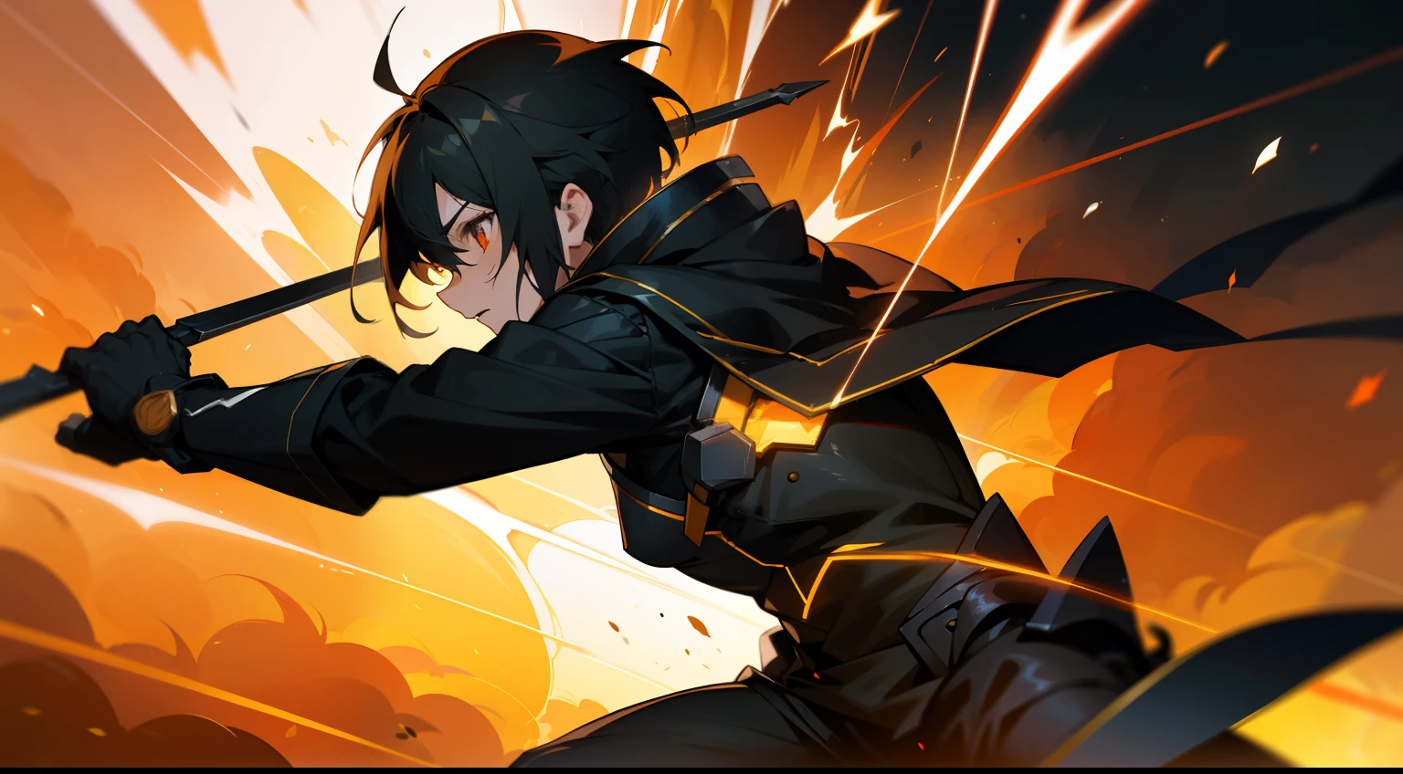 A dramatic comic panel shows Kirito lightning reflections as she navigates a fiery attack. The dynamic lines and bold colors capture the essence of its power. The color temperature changes drastically between fiery reds and electric blues, Increasing the action-packed environment. his concentrated expression, Represented in sharp detail, resonates with his fierce determination. The strong backlighting adds a sense of urgency and emotion to the scene. --V 5 --Estilizar 1000