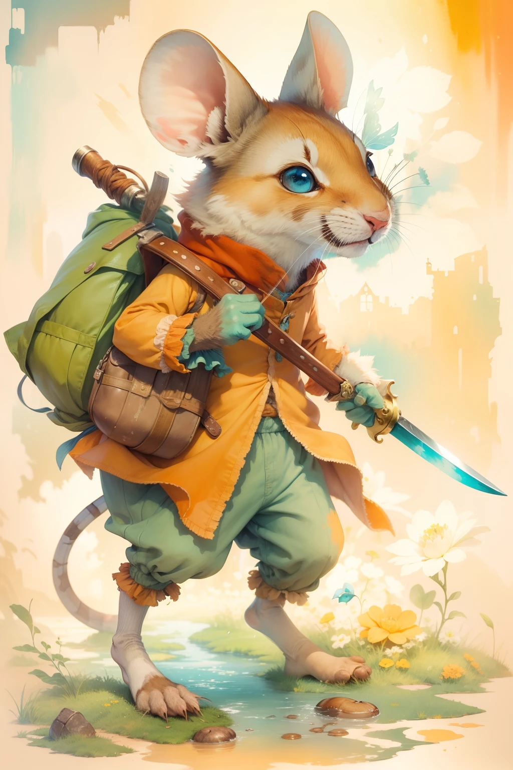 comiс style, painted in vivid watercolor, Bipedal Swordsman Mouse, capa roja, ojos verdes, naranja, azul. amarillo, extremadamente detallado, Altamente detallado, Obra maestra, Fondo de cuento de hadas, wonderland, Dynamic colors, Luz de cuento de hadas, por beatrix potter y Jean-Baptiste Monge, 32K UHD