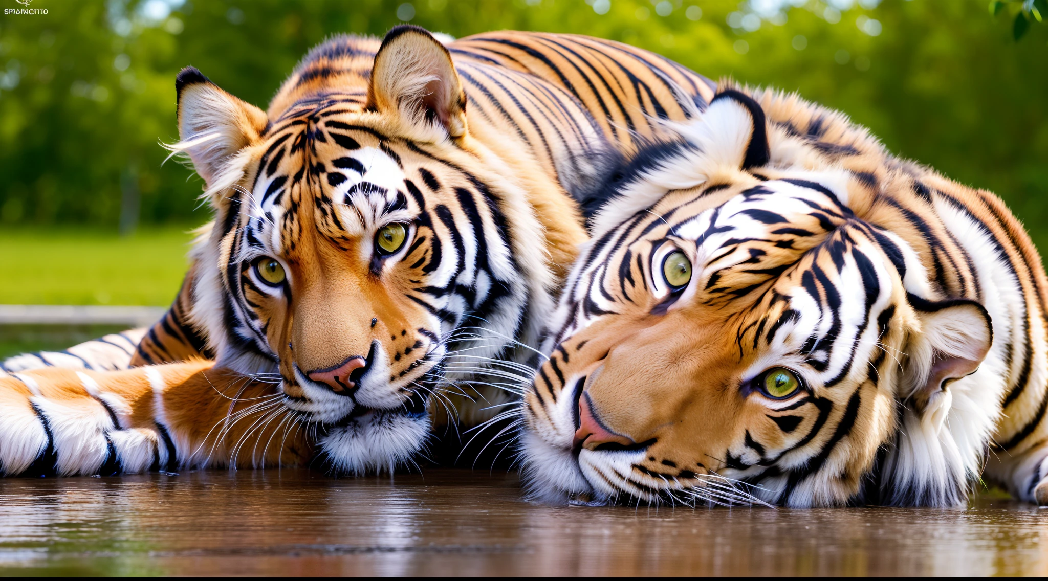 (8k, 4k, melhor qualidade, highres, ultra alta res:1.1), (obra-prima, realista, foto-realista:1.1) 1 minge, centado na floresta, com um tigre