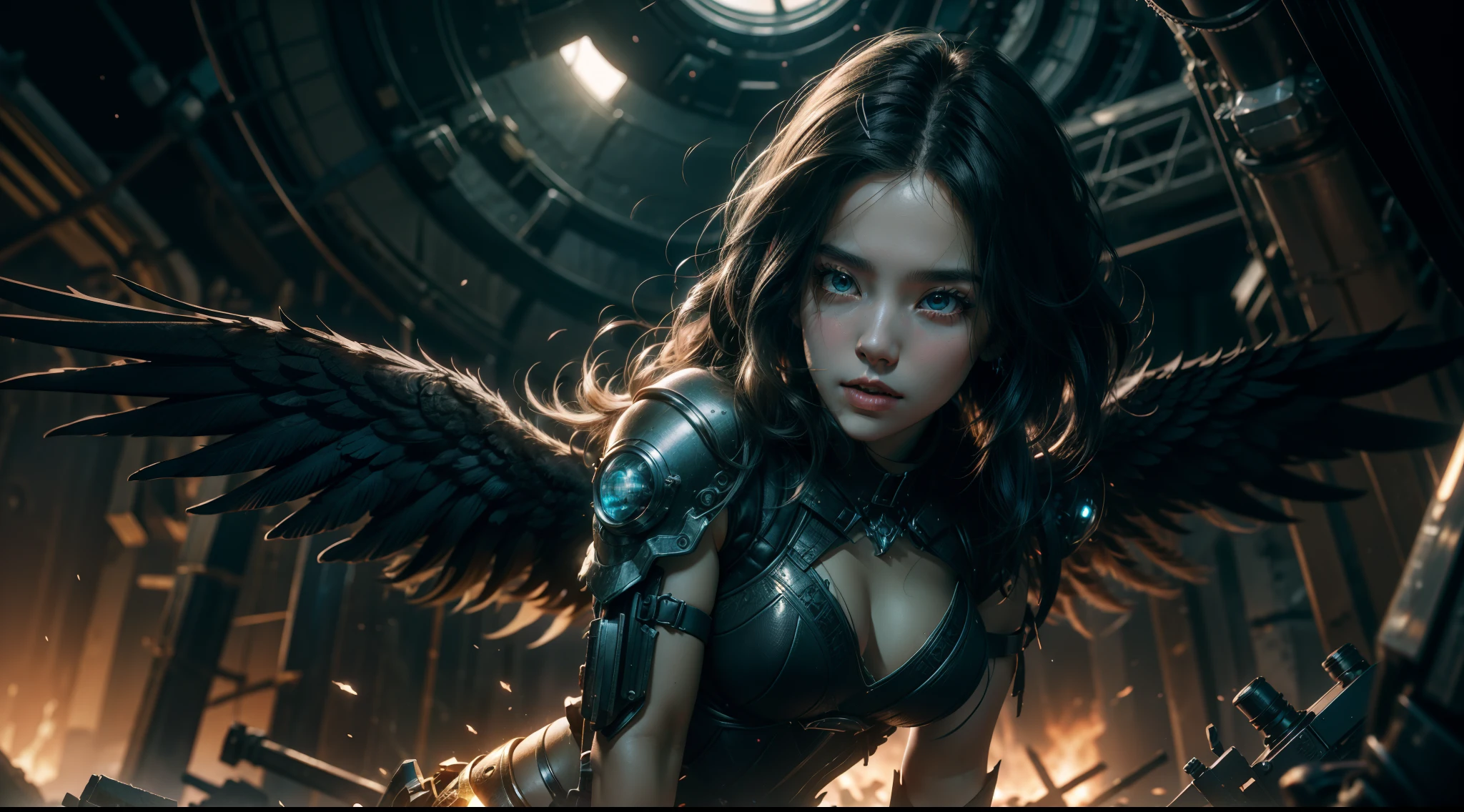 ((best qualtiy)), ((tmasterpiece)), ((Realistis)), (A detailed), (realisticlying:1.5),illusory engine, (High detail: 1.9),(femele:1.4),(big breasts beautiful: 1.4),(carismatic:1.3), (Large breasts), Female angel,Black feathered wings,beuaty girl,beauitful face, looking at viewert, dynamicposes, postapocalyptic, Destroyed city background, scientific fiction, hdr, Ray traching, NVIDIA RTX, Hyper-Resolution, Unreal 5, sub surface scattering, PBR textures, Post-processing, Anisotropic filtering, depth of fields, Maximum clarity and sharpness, trichotomy,8K original,(Luminous Particle:1.4),(VerydetailedCG,Unity 8k壁纸,cinmatic lighting,lens flare glow),Reflectors,Sharp focus,black toga,Raised sexy