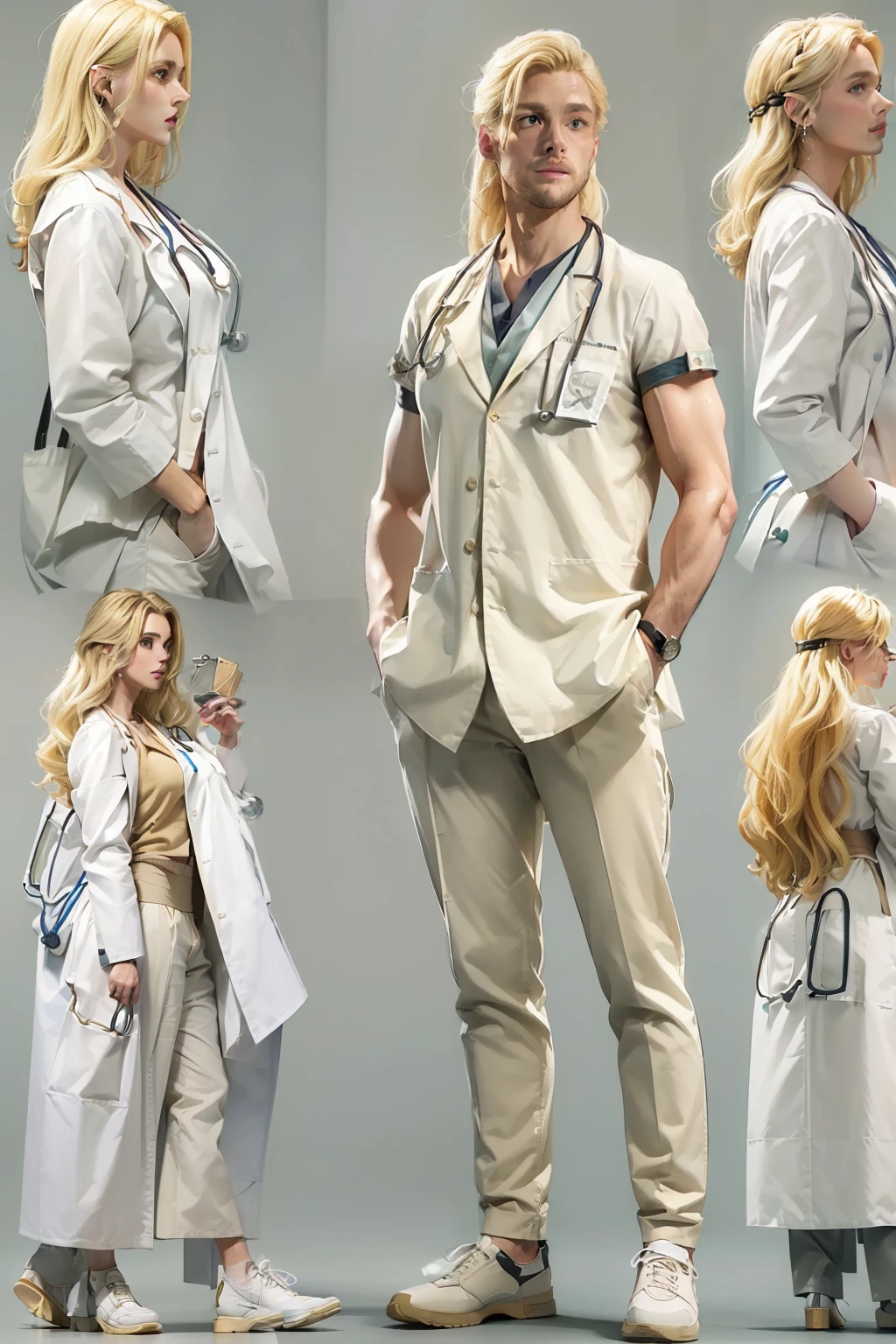 A very handsome man (doctor:1.7), (cheveux blond courts:1.7), (very big:1.7), 32 ans, portant une blouse blanche, stethoscope, pantalon noir, chaussures noires, il est debout dans son bureau, poses multiples,detailded, Realstic, 8K, artstation,
