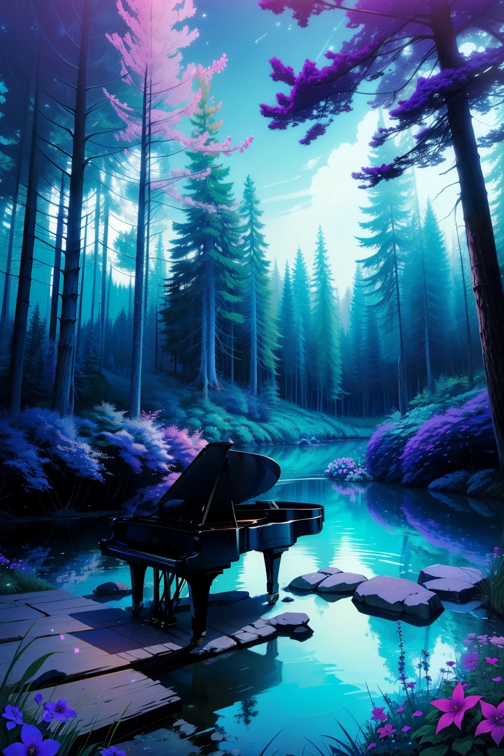 a girl plays the piano in the middle of a wood, the sky is nocturnal with the following colours, prussian blue, cyan, ultramarine blue, fuchsia, purple, many stars, animals of the wood near her, rabbits and owls, there is a stream with clear water can be seen at the bottom, there are some flowers, the picture must be very large in size and must be detailed.