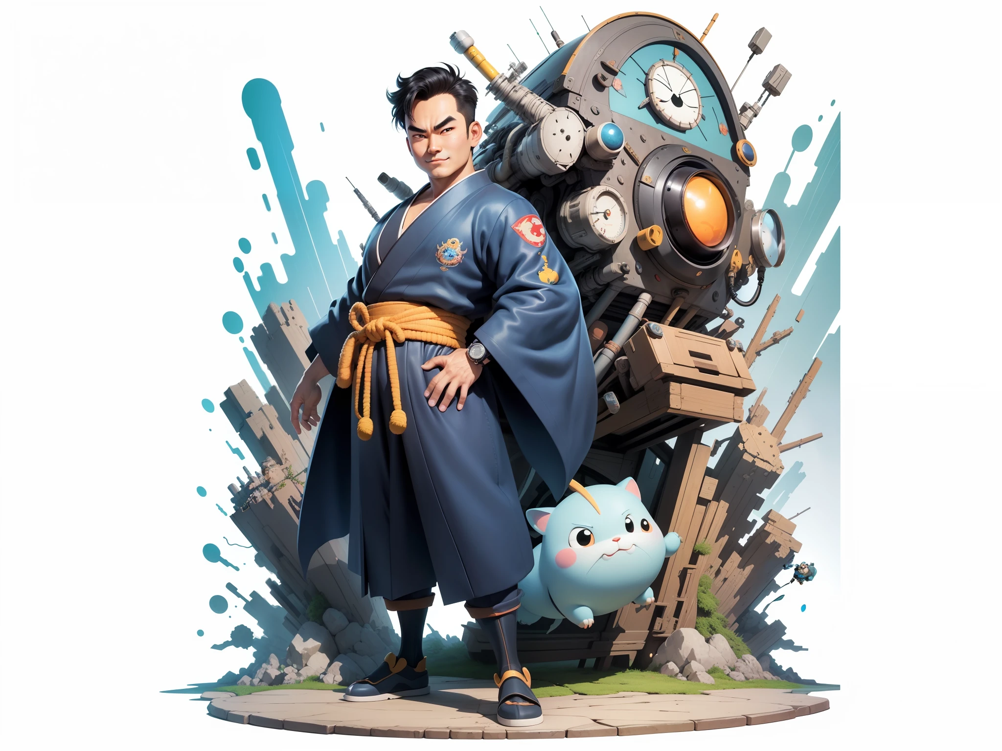 (Masterpiece), (Excellent), (Super Meticulous), (Full Body: 1.2), Super Young Man, Oriental Face, Japanese Kimono, Japanese Wind Thunder God, Dragon, Tiger, TV Anchor, Bust Portrait Illustration, Alone, Black Suit, Blue Tie, Slightly Chubby Face, Very Clean Face, No Beard, Black Super Short Hair, Black Eyes, Confident Smile, 3c Computer Sub-Products, iPad, iPhone, Digital Painting, 3D Character Design by Akira Toriyama and Mark Claireden and Pixar and Hayao Miyazaki, The illustration is a high-definition illustration in 4K resolution with very detailed facial features and cartoon-style visuals.