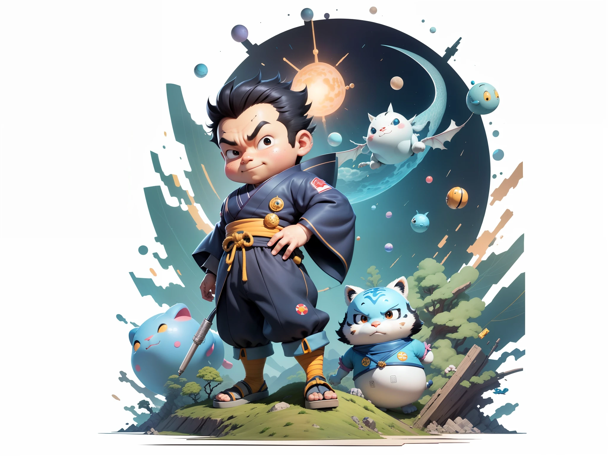 (Masterpiece), (Excellent), (Super Meticulous), (Full Body: 1.2), Super Young Man, Oriental Face, Japanese Kimono, Japanese Wind Thunder God, Dragon, Tiger, TV Anchor, Bust Portrait Illustration, Alone, Black Suit, Blue Tie, Slightly Chubby Face, Very Clean Face, No Beard, Black Super Short Hair, Black Eyes, Confident Smile, 3c Computer Sub-Products, iPad, iPhone, Digital Painting, 3D Character Design by Akira Toriyama and Mark Claireden and Pixar and Hayao Miyazaki, The illustration is a high-definition illustration in 4K resolution with very detailed facial features and cartoon-style visuals.