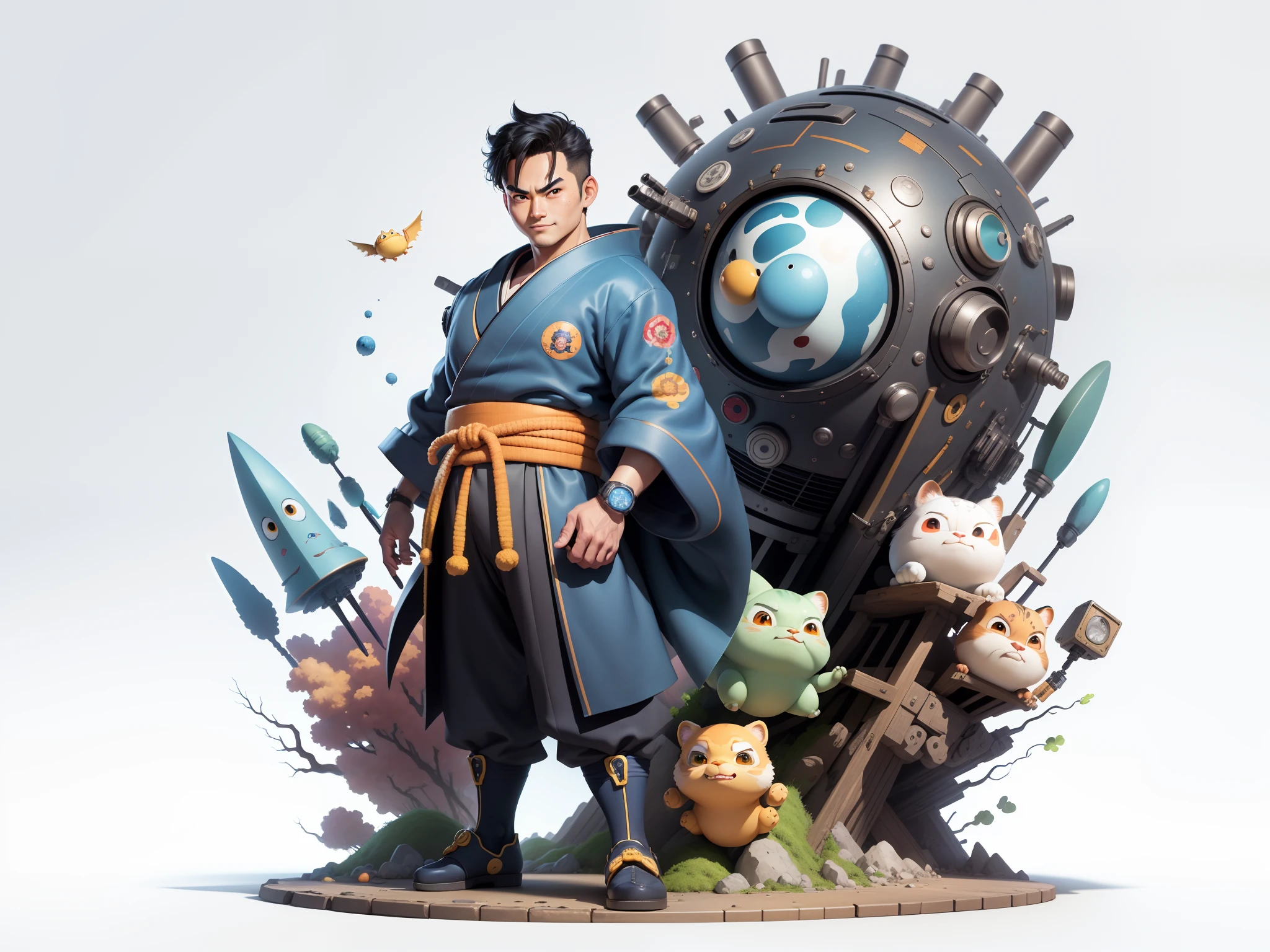(Masterpiece), (Excellent), (Super Meticulous), (Full Body: 1.2), Super Young Man, Oriental Face, Japanese Kimono, Japanese Wind Thunder God, Dragon, Tiger, TV Anchor, Bust Portrait Illustration, Alone, Black Suit, Blue Tie, Slightly Chubby Face, Very Clean Face, No Beard, Black Super Short Hair, Black Eyes, Confident Smile, 3c Computer Sub-Products, iPad, iPhone, Digital Painting, 3D Character Design by Akira Toriyama and Mark Claireden and Pixar and Hayao Miyazaki, The illustration is a high-definition illustration in 4K resolution with very detailed facial features and cartoon-style visuals.