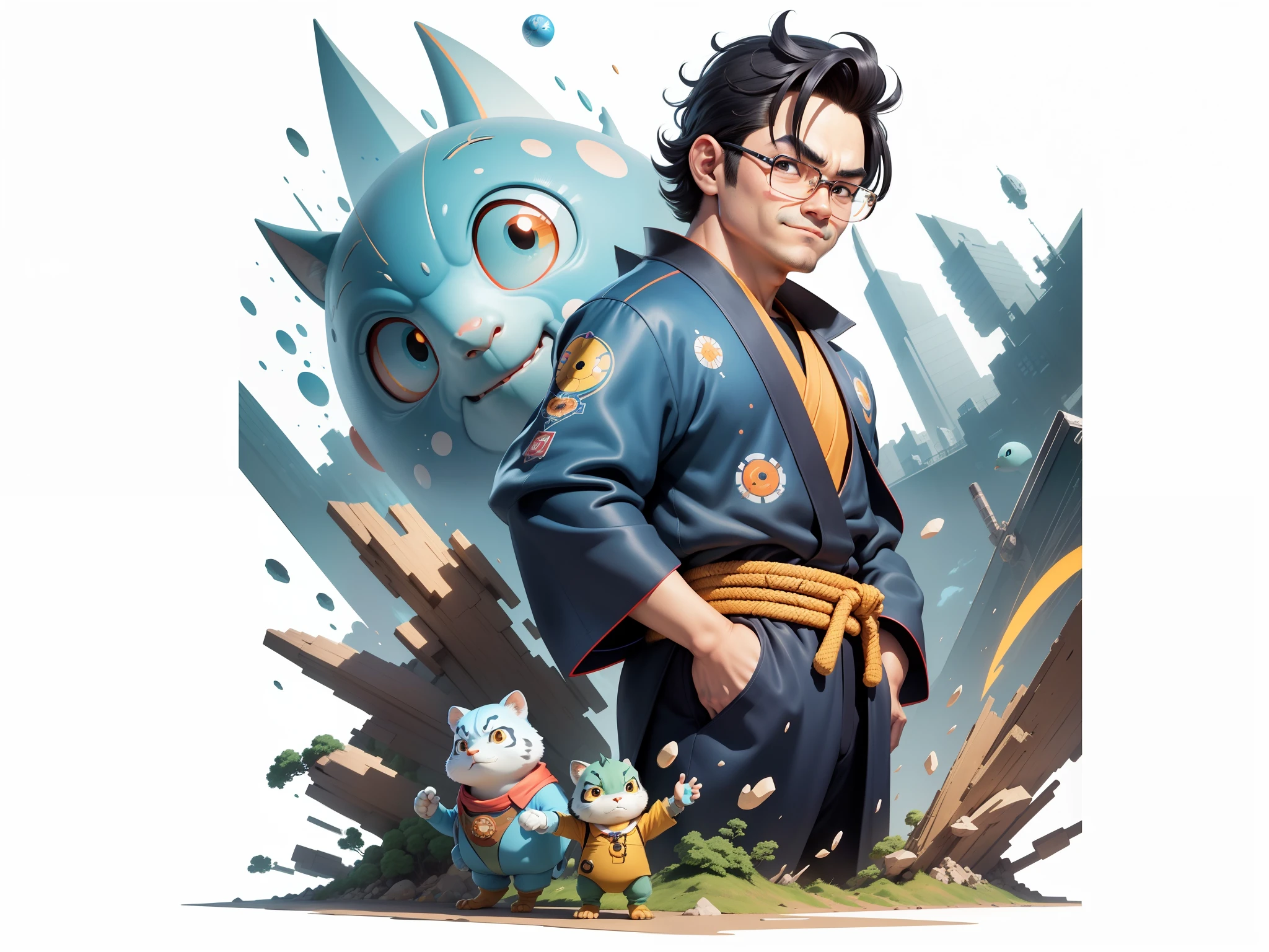 (Masterpiece), (Excellent), (Super Meticulous), (Full Body: 1.2), Super Young Man, Oriental Face, Japanese Kimono, Japanese Wind Thunder God, Dragon, Tiger, TV Anchor, Bust Portrait Illustration, Alone, Black Suit, Blue Tie, Slightly Chubby Face, Very Clean Face, No Beard, Black Super Short Hair, Black Eyes, Confident Smile, 3c Computer -Products, iPad, iPhone, Digital Painting, 3D Character Design by Akira Toriyama and Mark Claireden and Pixar and Hayao Miyazaki, The illustration is a high-definition illustration in 4K resolution with very detailed  features and cartoon-style visuals.