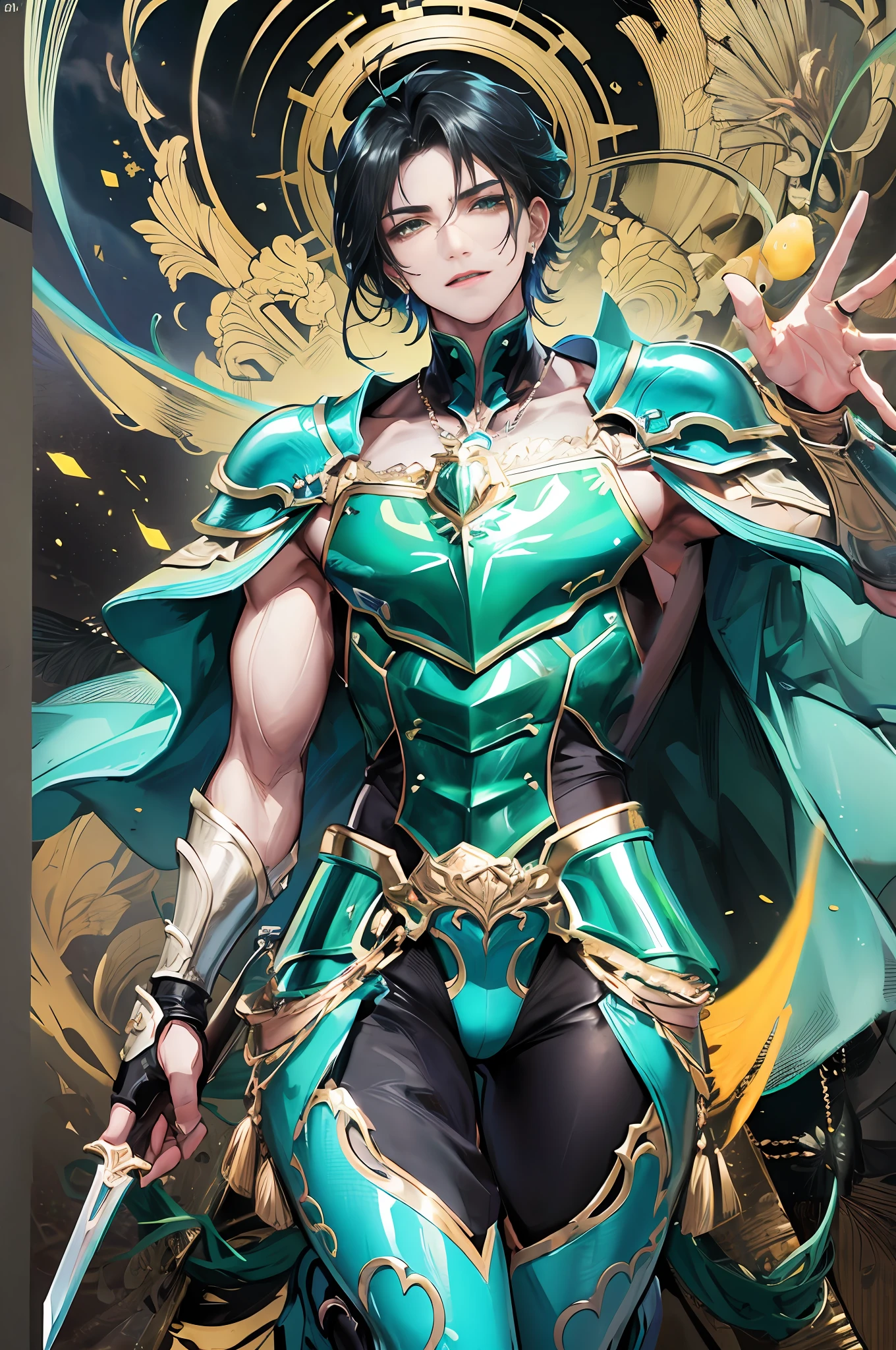 Strong man、male people、(((Emerald green armor with fine decoration)))、
