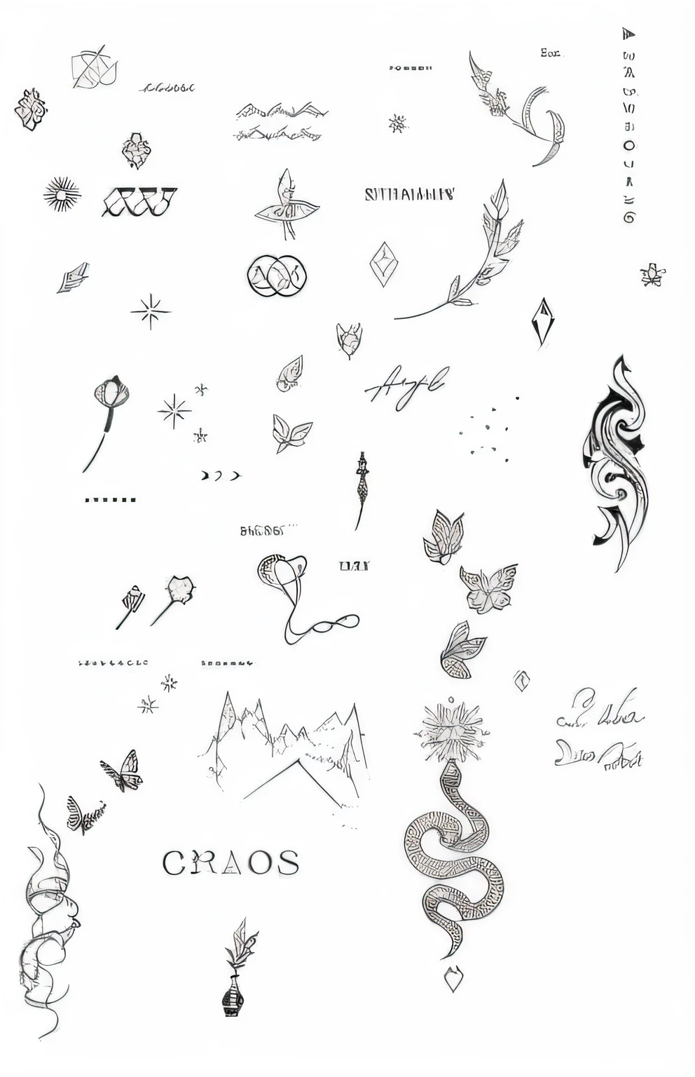 a closeup of a drawing of a dragon and other symbols, folha de flash, tatuagens de desenho de linha, poucas tatuagens, Tatuagens, flash de tatuagem, tattoo sketches, tatuagens por toda a pele, design de tatuagem, caos, Doodles, temporary tattoo, tatuagem, Descreve, Tatuagens, caos nightmare ❄️ amour, tattoo graphics, folha de adesivos, tatuagem inteira, reference sheet white background, PERFORMANCE Symbols, LAMPADA, ENERGIA, aquila, REC, TATTO, ASTRONAUTA