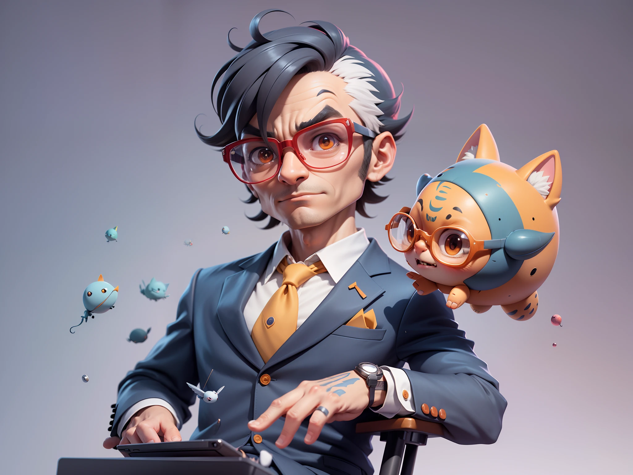 A young man in a suit, Short hair and glasses sat at his desk,holding laptop,digitial painting,tigre,3D character design by Mark Clairen and Pixar and Hayao Miyazaki and Akira Toriyama,4K HD illustration,Very detailed facial features and cartoon-style visuals。