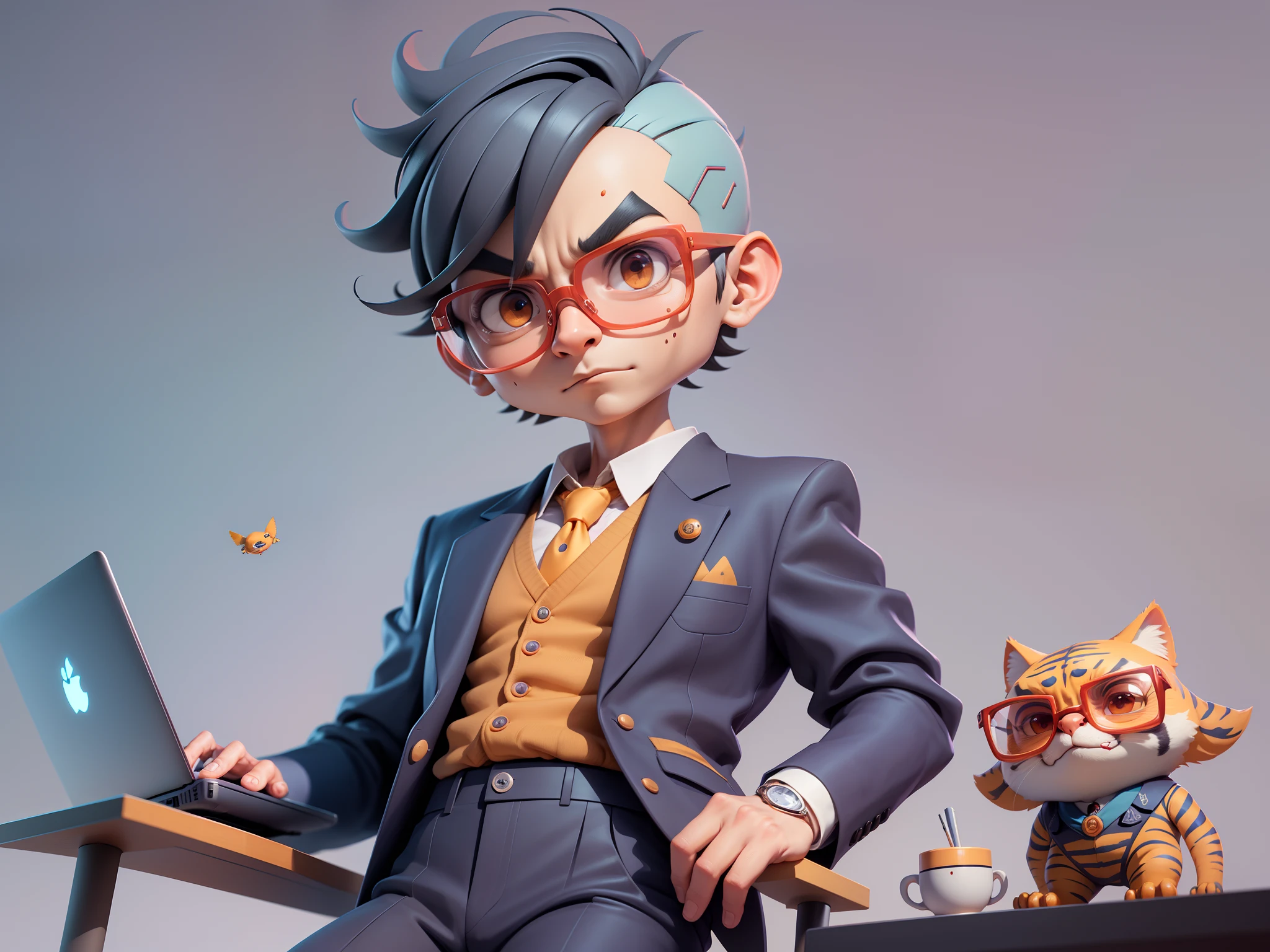 A young man in a suit, Short hair and glasses sat at his desk，holding laptop，digitial painting，tigre，3D character design by Mark Clairen and Pixar and Hayao Miyazaki and Akira Toriyama，4K HD illustration，Very detailed facial features and cartoon-style visuals。