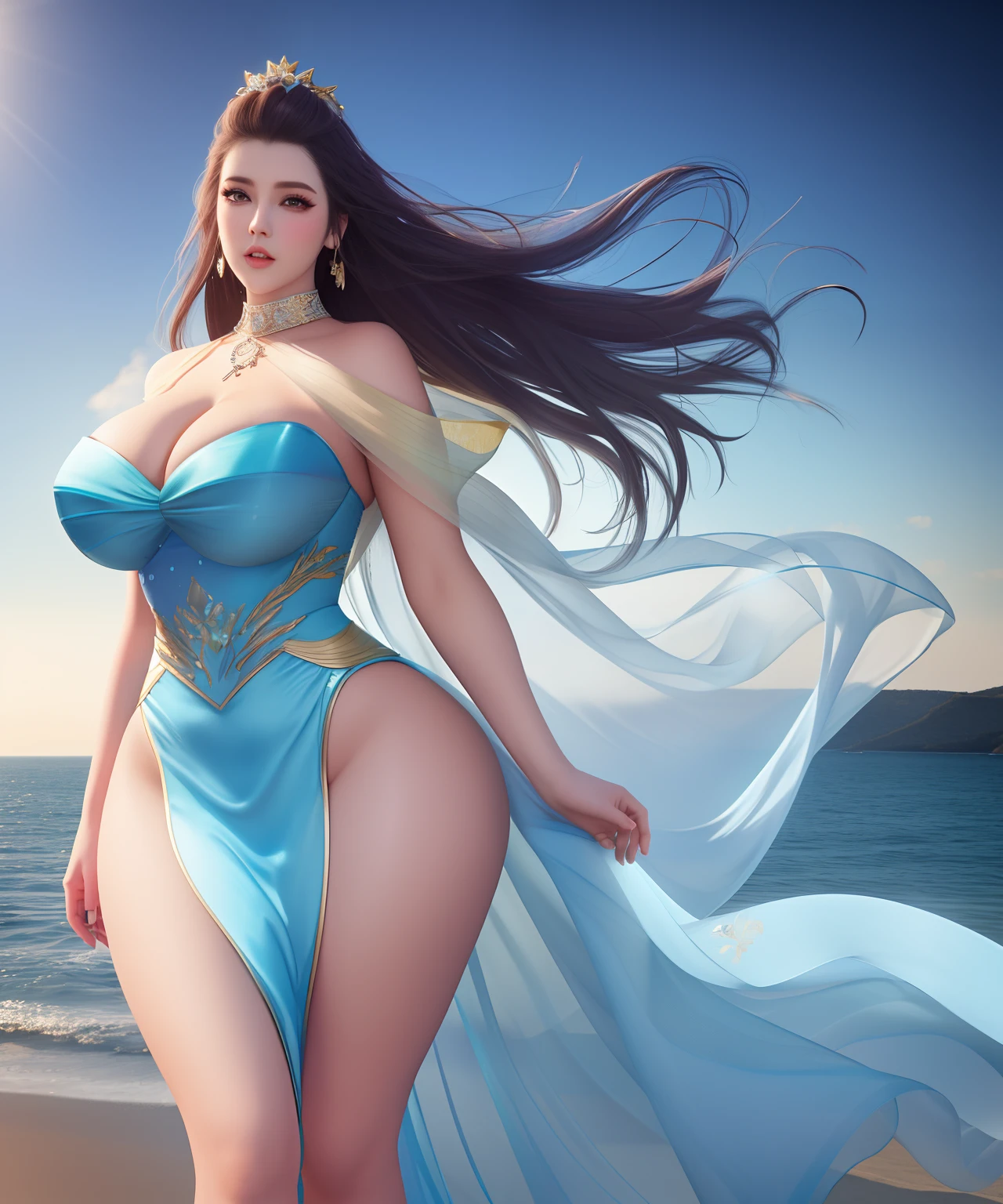 best qualtiy,tmasterpiece,A high resolution,1girl,Porcelain skirt,hair adornments,choker necklace,jewely,beautiful face,Physically,dingdall effect,realisticlying,dark studio,edge lit,twotonelighting,(highdetailskin:1.2),8k uhd, dslr, softlighting, high high quality, volumettic light, sneak shot, photore, A high resolution, 4k, 8k, Background bokeh,Beautiful woman in tulle by the sea,The scarf fluttered,Light blue silk scarf,White semi-transparent underwear,The background is the sea, thicc, beautiful thick female, beautiful curvy female, Thick body, Tall and tall,clear curvy details, curvy hourglass figure, thick thigs, alluring plus sized model, bbwchan, Voluptious body, Curvy model, Curvy body, Angela White, she has a jiggly fat round belly,Side back posture,Eyes are confused