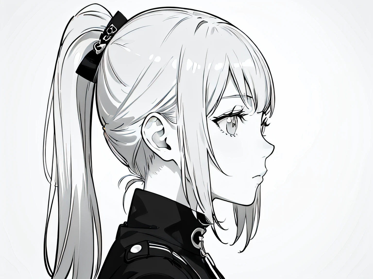 monochrome, greyscale, rating:safe, 1girl, profile, solo, from_side, face, portrait, close-up, closed_mouth