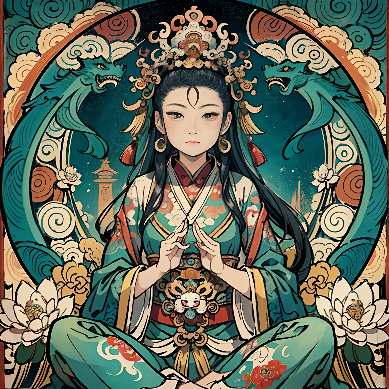 an ancient Chinese goddess, guanyin of the southern seas, Guanyin, Inspired by India, Avalokiteshvara rides a dragon，,Serene expression,shui mo hua,Buddha,Buddhist,Lotus,Chinese painting style,Thangka style