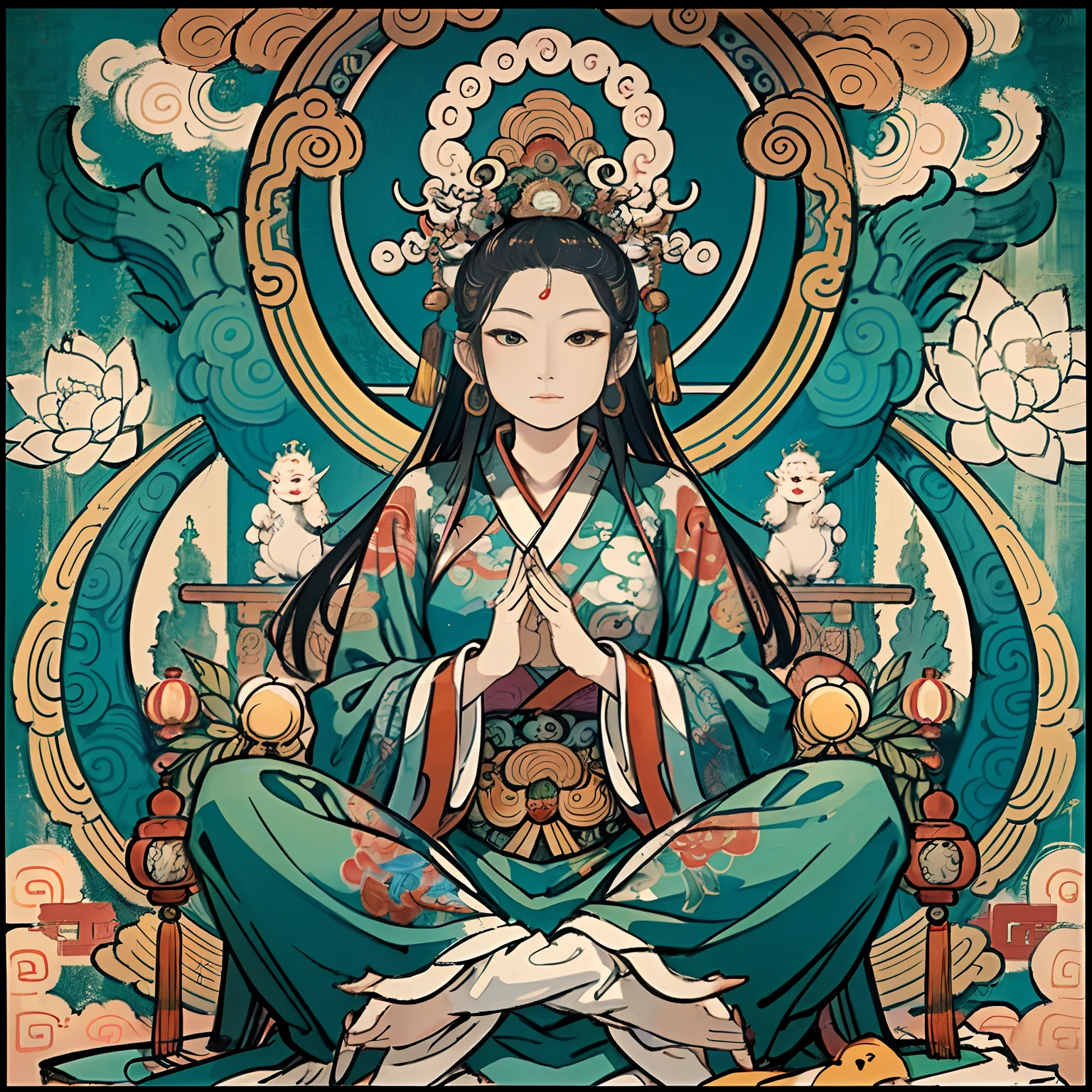 an ancient Chinese goddess, guanyin of the southern seas, Guanyin, Inspired by India, Avalokiteshvara rides a dragon,,Serene expression,shui mo hua,Buddha,Buddhist,Lotus,Chinese painting style,Thangka style