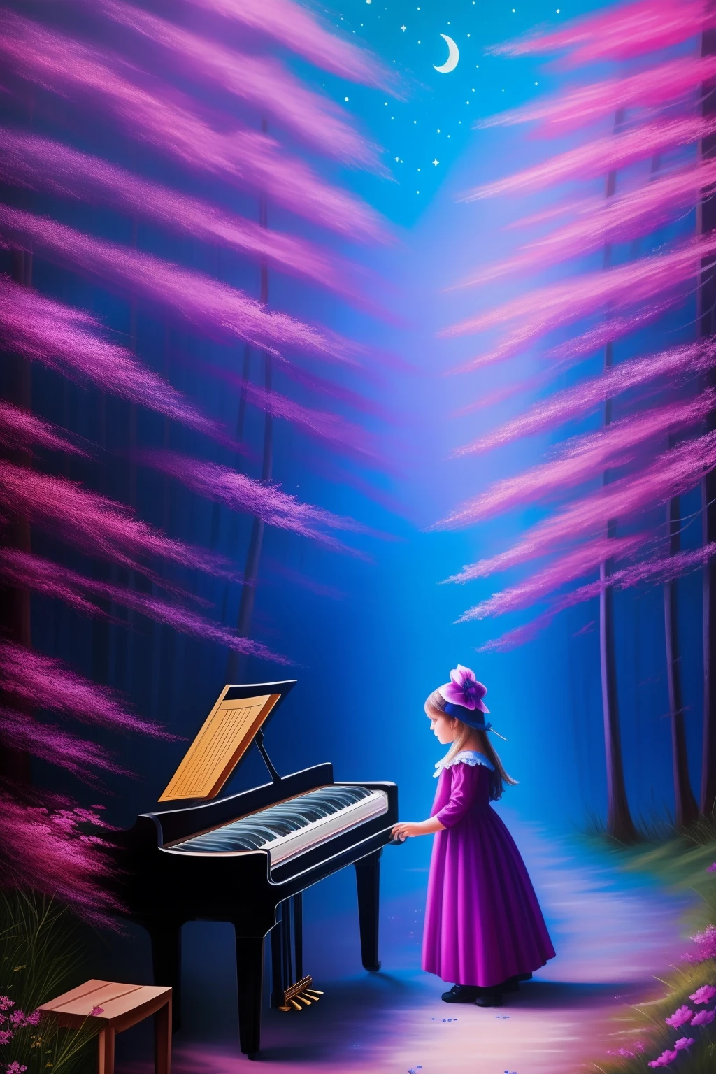 a girl plays the piano in the middle of a wood, the sky is nocturnal with the following colours, Prussian blue, cyan, ultramarine blue, fuchsia, purple, lots of stars, animals of the forest near her, wolves, rabbits, fawns, elks , owls, there is a stream with clear water you can see the bottom, there are flowers, the picture must be very large in size and must be detailed.