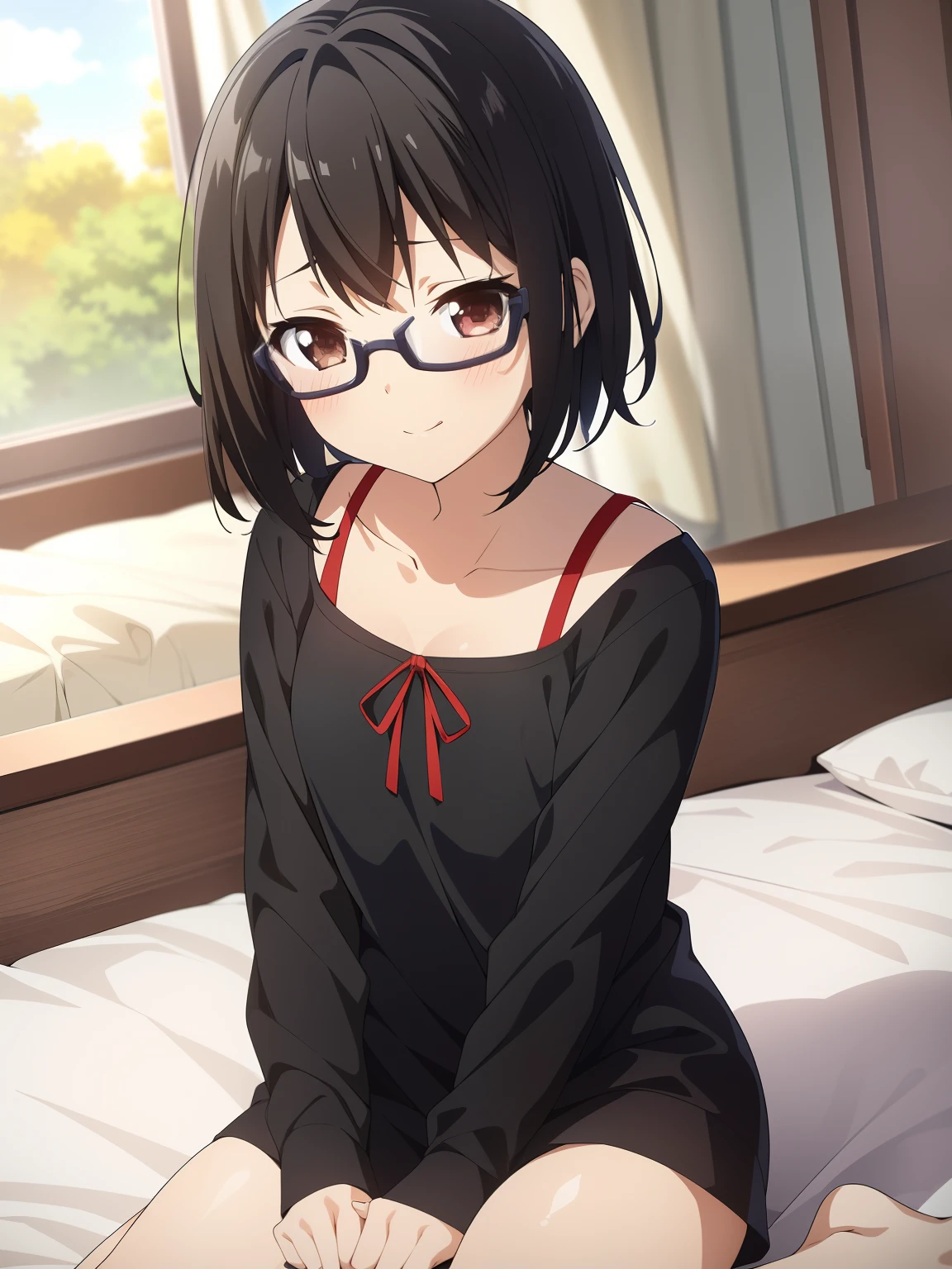 (masutepiece, Best Quality, Capture super cute moments, depth of fields, ultra-detailliert, Ultra High Resolution, C4D, Octadale, 3D Modeling, 8K, 16 K, one girls、a junior high school student、A dark-haired、short-hair、straight haired、Light brown eyes,hair adornments、wearing black glasses、Cute face)、Wearing short-sleeved pajamas、a bed