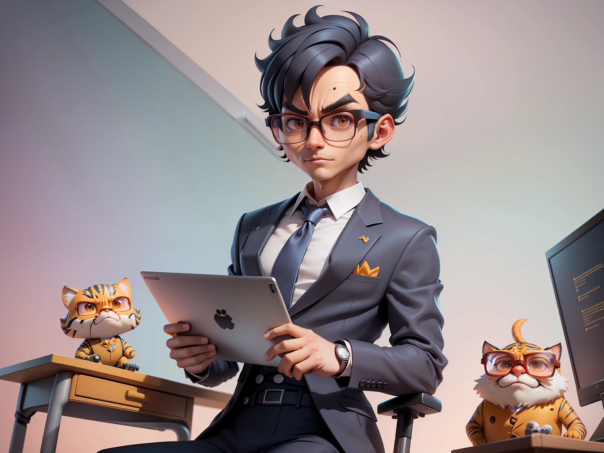 A young man in a suit, Short hair and glasses sat at his desk,holding laptop,digitial painting,tigre,3D character design by Mark Clairen and Pixar and Hayao Miyazaki and Akira Toriyama,4K HD illustration,Very detailed facial features and cartoon-style visuals。